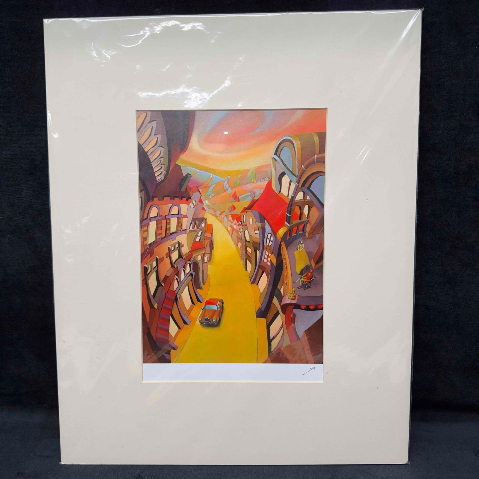 Suro Kim Relaxation Print Signed Surrealistic Street Scene: Suro Kim Relaxation Print Signed Surrealistic Street Scene. The print has strong colors. It is signed in the lower right corner by the artist in black pen. The signature is strong and legible.