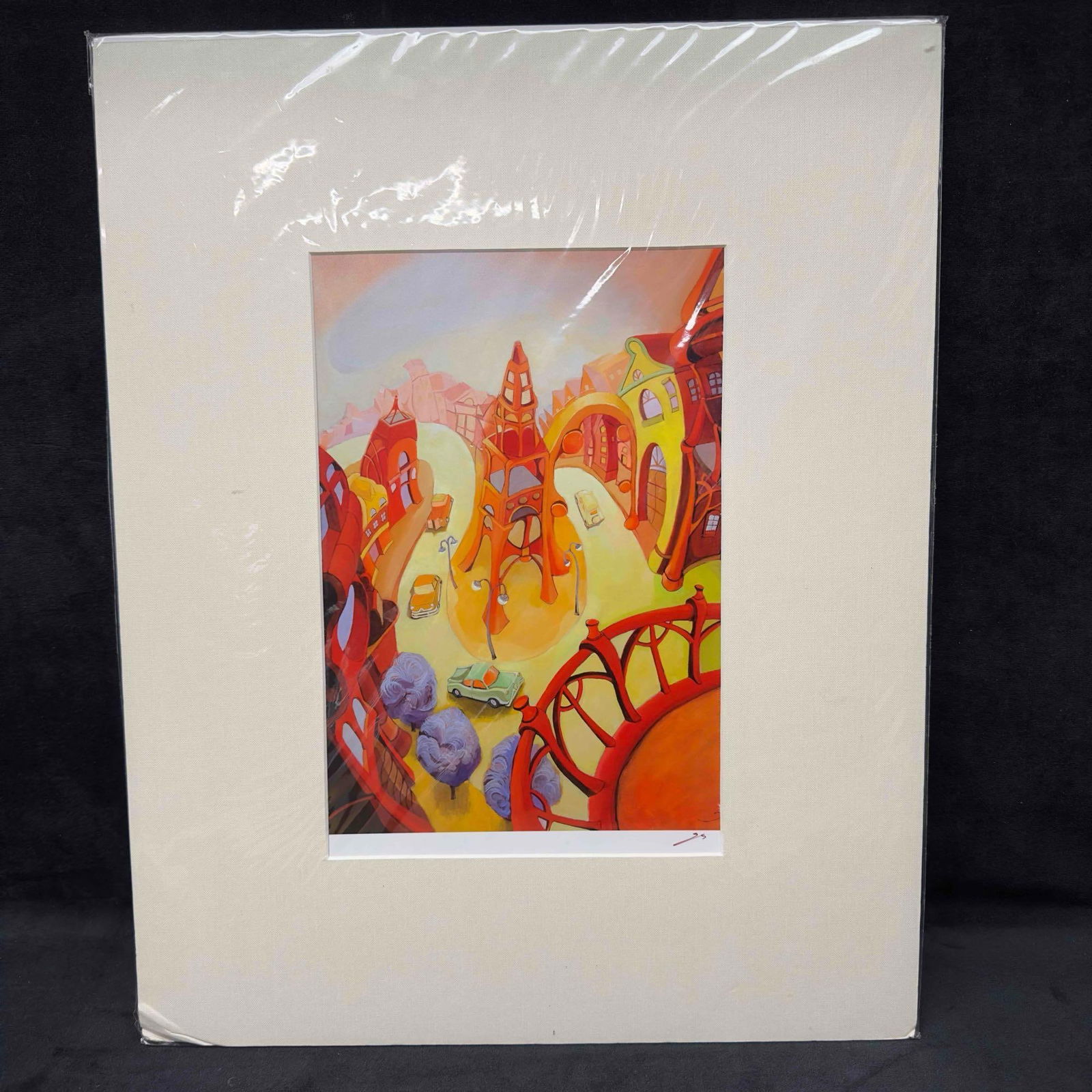 Suro Kim Print Signed Surrealistic Car Through Winding Roads Street Scene: Suro Kim Print Signed Surrealistic Car Through Winding Roads Street Scene. The print has strong colors. It is signed in the lower right corner by the artist in maroon pen ink. Slight bent damaged on