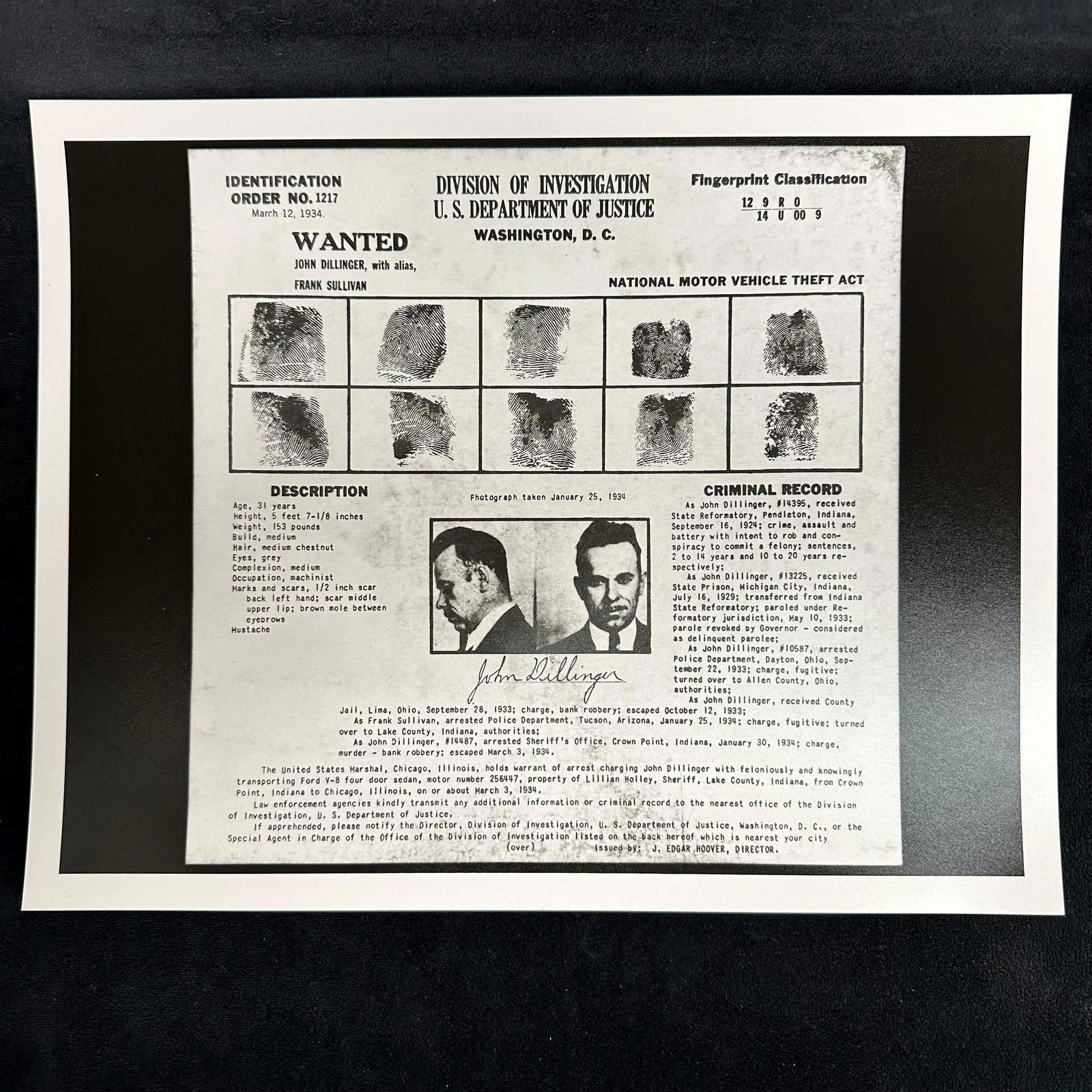 John Dillinger Wanted Poster 1934 DOJ Division of Investigation Black and White Analog Photo Print 3: Black and white analog photographic print reproduction of John Dillinger’s 1934 U.S. Department of Justice “Wanted” poster, issued by the Division of Investigation (precursor to the FBI)