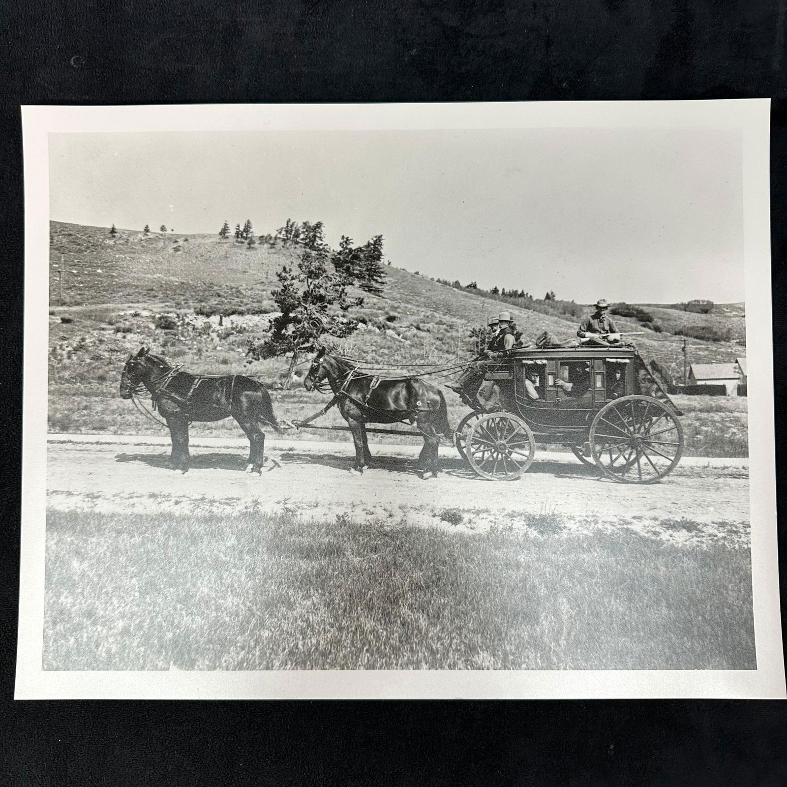 Black and White Analog Photograph Stagecoach with Horses: Black-and-white analog print depicting a classic stagecoach drawn by two horses along a dirt road, with passengers visible inside and on top. The rural hillside setting highlights the transportation