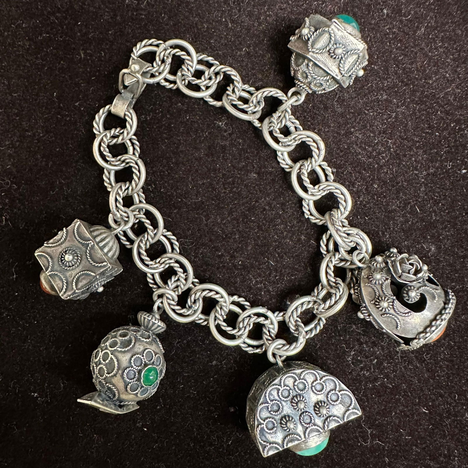 Etruscan Revival 800 Silver Double Link Ornate Charm Bracelet K81: This item is in good pre-owned, previously used/displayed condition with noticeable light wear and surface scratches. Please reference all photos for full details. This piece of jewelry has been