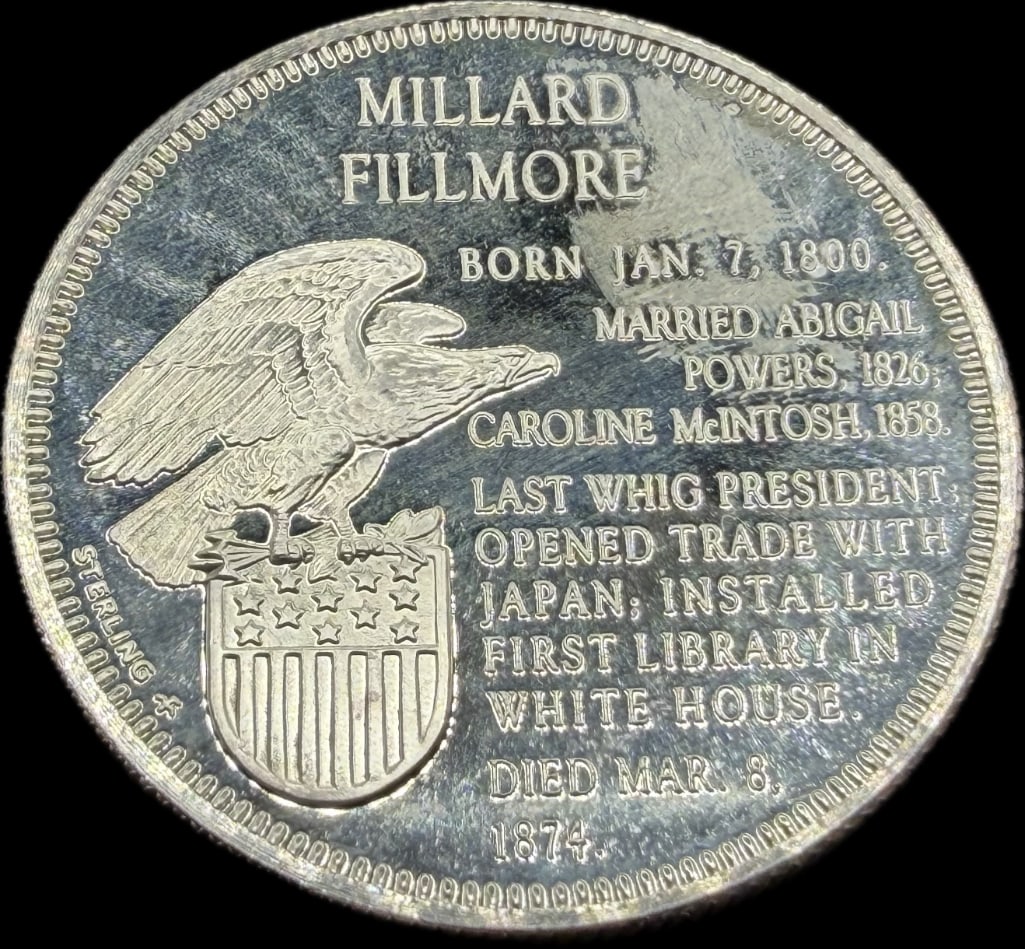 Millard Fillmore Sterling Silver Presidential Coin: These coins have been tested and researched to the best of our ability prior to listing. Please view photos, as they are a part of the condition. DETAILS: Metal - .925 Sterling SilverTested - YesSize