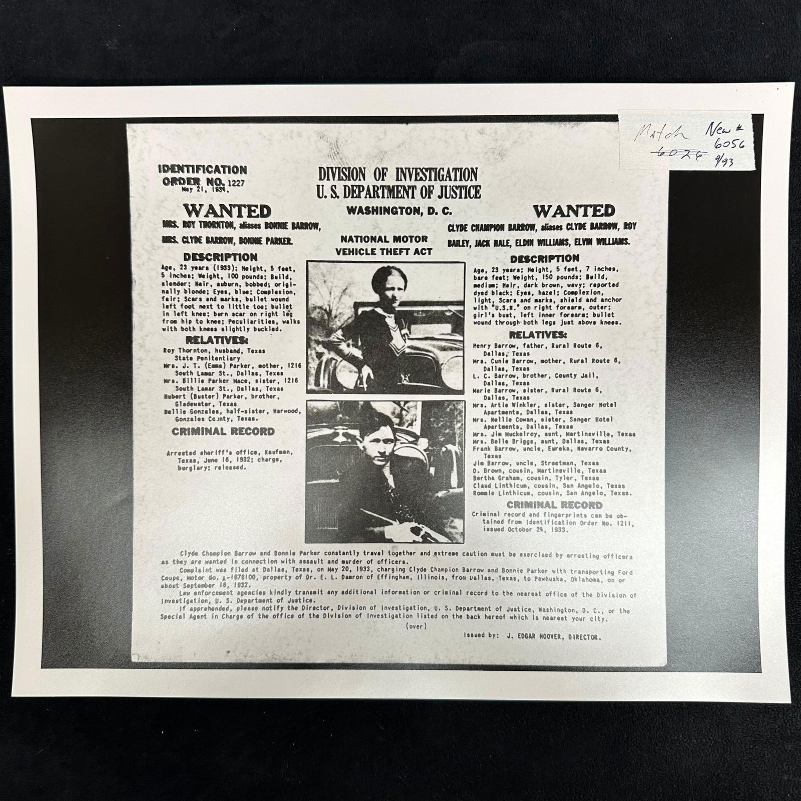 Black and White Analog Photo Print Bonnie and Clyde Wanted Poster U.S. DOJ Division of Investigation: Analog black and white photographic print reproducing the original 1933 U.S. Department of Justice Division of Investigation wanted poster for Bonnie Parker and Clyde Barrow. Issued under J. Edgar