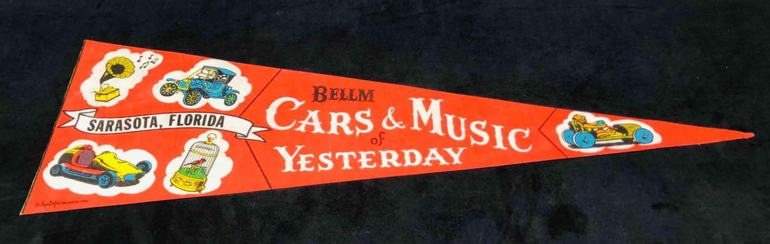 Bellm Cars & Music Of Yesterday Sarasota Florida Pennant Flag 1975: This lot contains a Bellm Cars & Music Of Yesterday Sarasota Florida Flag 1975. It is approx 7 3/4" x 24 1/2" and it weighs about 0.01lbs. Overall the Flag is in good used condition with some light