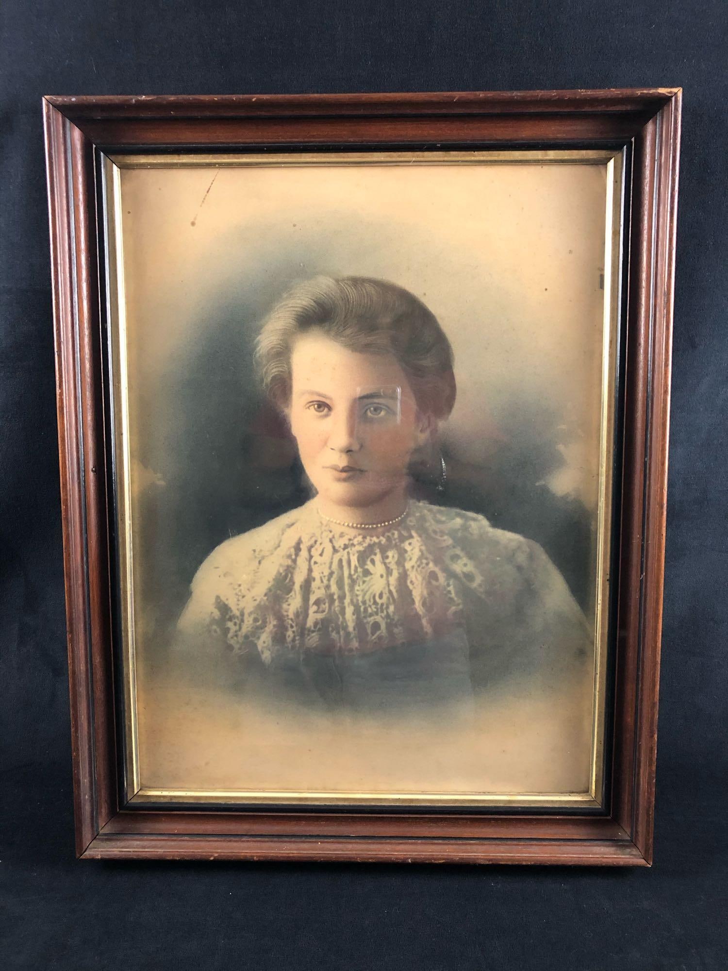 1800's Antique Airbrushed Ink Portrait & Frame With Unique Artist Notes By WC: 1800's Antique Airbrushed Ink Portrait & Frame With Unique Artist Notes. This stunning woman and her captivating eyes is a great example of early air brushed technique. Portrait is in very goo