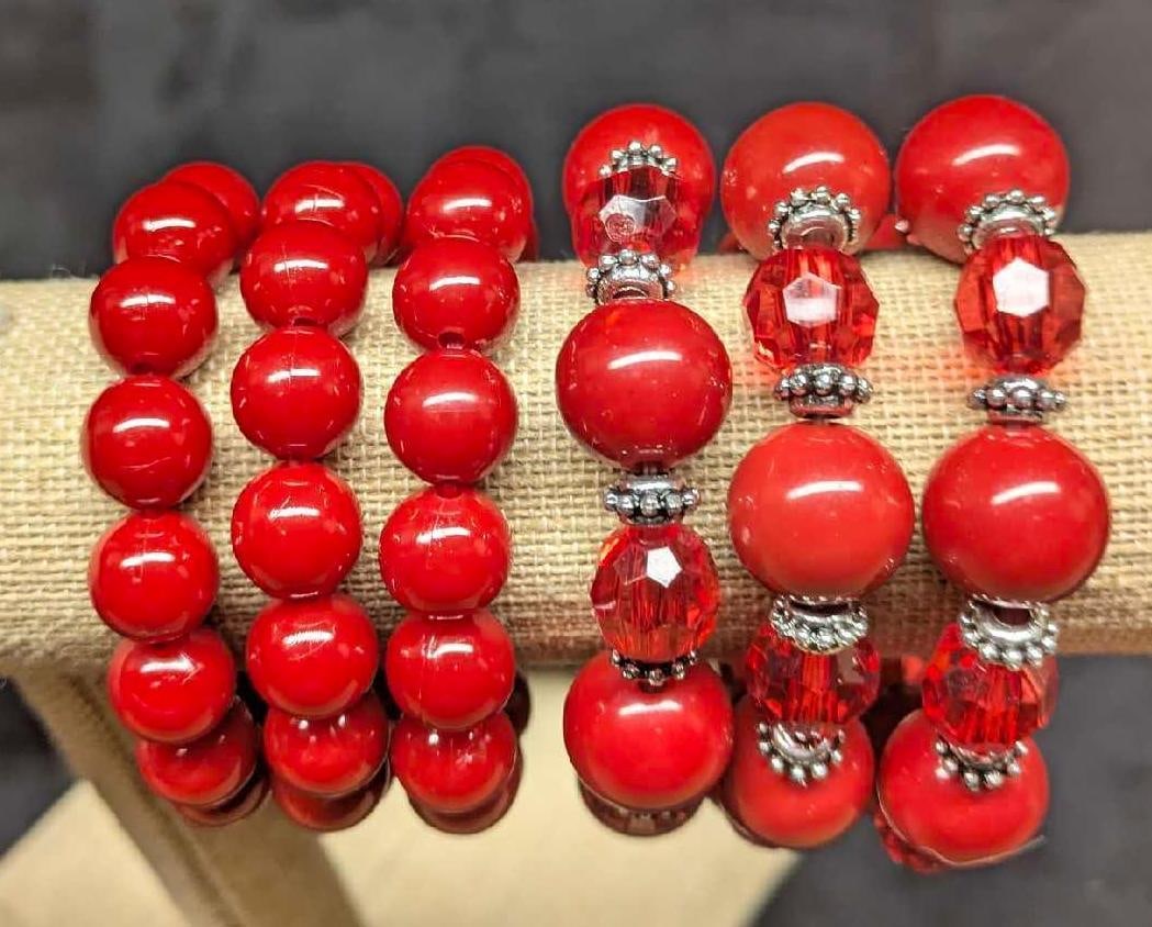 Vintage Resin Red Ball Stretch Bracelets: Vintage Resin Red Ball Stretch Bracelets. The red ball bracelets are approx 2 1/2" x 2 1/2" x 1/4" and the red ball bracelets with the clear beads are approx 3" x 3" x 1/2". The total weight is