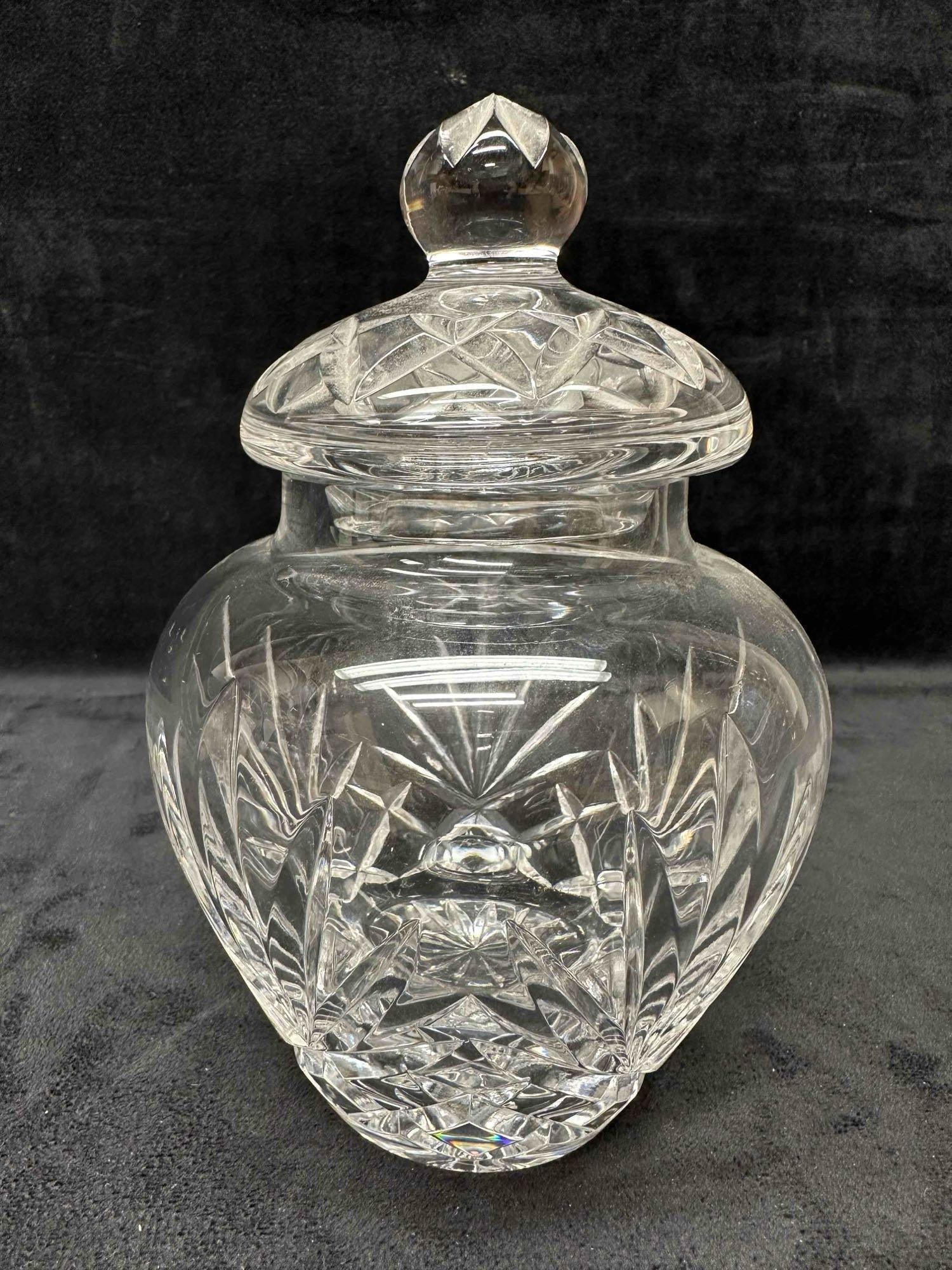 Lead Crystal Glass Biscuit Snack Canister Jar: No chips, cracks, or breaks in the glass. This item is in good pre-owned, previously displayed condition with light wear, and surface scratches. Please reference all photos for full details. Jar: 7 1