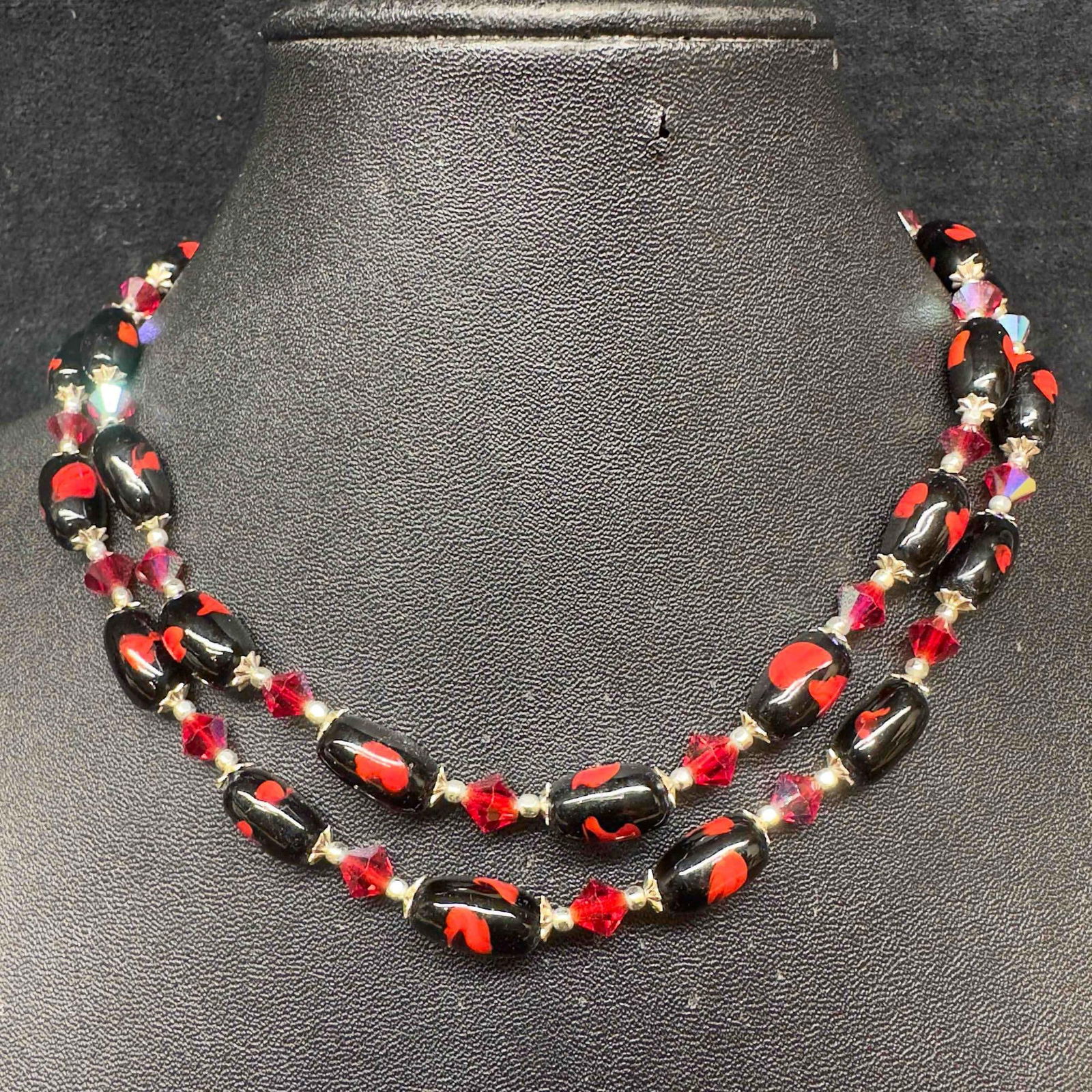 Venetian Murano Lamp Work Art Glass Red Black Double Layered Beaded Necklace F68 (1 of 9)