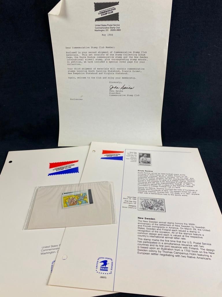 USPS Commemorative Stamp Club May 1988: USPS Commemorative Stamp Club May 1988 Packet from the United States Postal Service Commemorative Stamp Club, for May 1988. The packet includes stamps, informational sheets on them, and a letter from