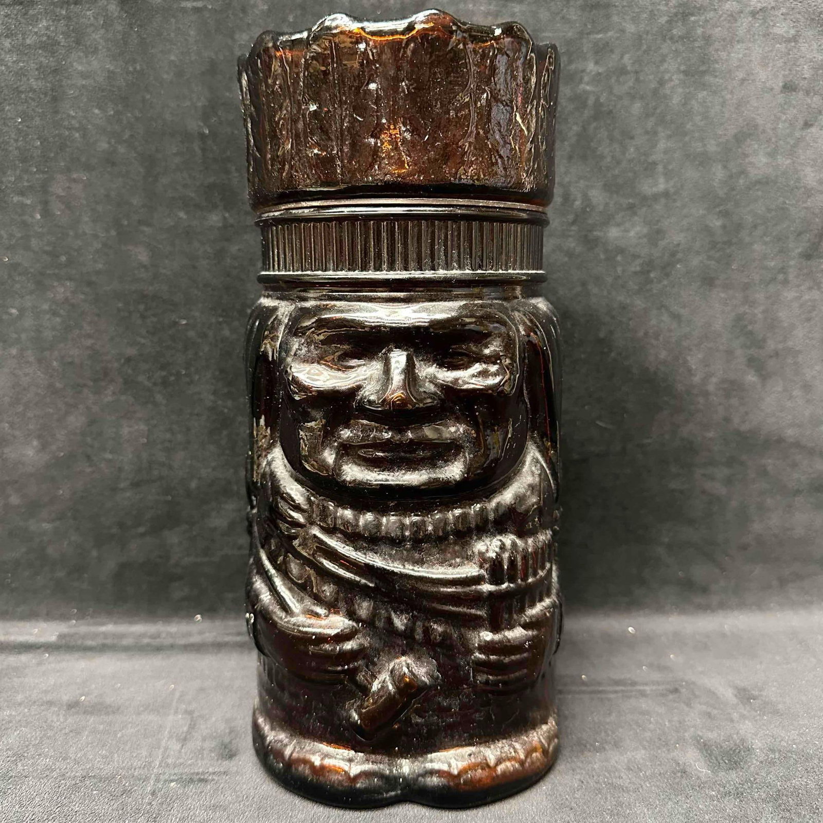 Native American Chief Brown Amber Glass Jar Tobacco Humidor Canister Indian with Lid (1 of 11)