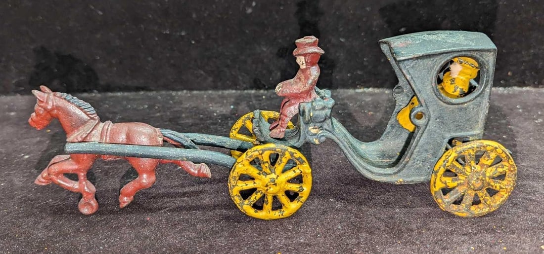 Vintage Cast Iron Horse Drawn Carriage Toy J: Vintage Cast Iron Horse Drawn Carriage Toy J. The carriage is approx 5 1/4" x 2 1/4" x 3 1/4". The horse and wheels are approx 5 3/4" x 2 1/4" x 2 3/4". The total weight is 1.43lb. There is some light