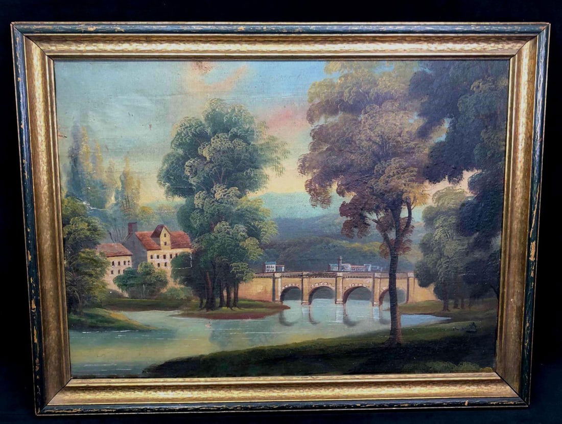 Antique Oil Landscape Painting On Canvas: This lot contains an original oil landscape painting on canvas. The scene depicts a beautiful cottage house on a river. The color of the leaves on the trees suggest it is an autumn landscape. The arti
