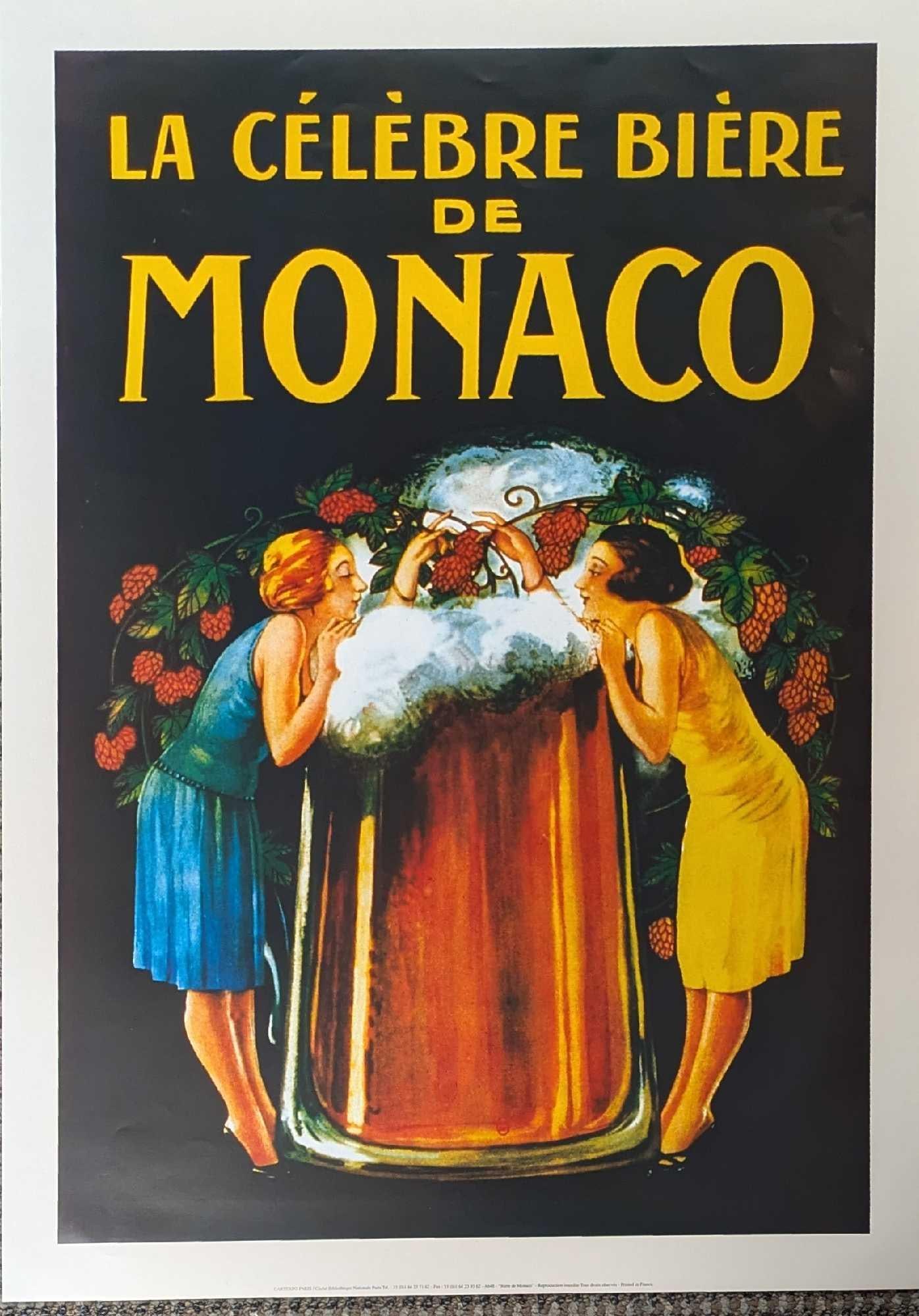 La Celebre Biere de Monaco Reproduction Poster A: La Celebre Biere de Monaco Reproduction Poster A. This poster is approx 19" x 27 1/2" and it weighs 0.10lb. There are some light creases due to storage and age. 