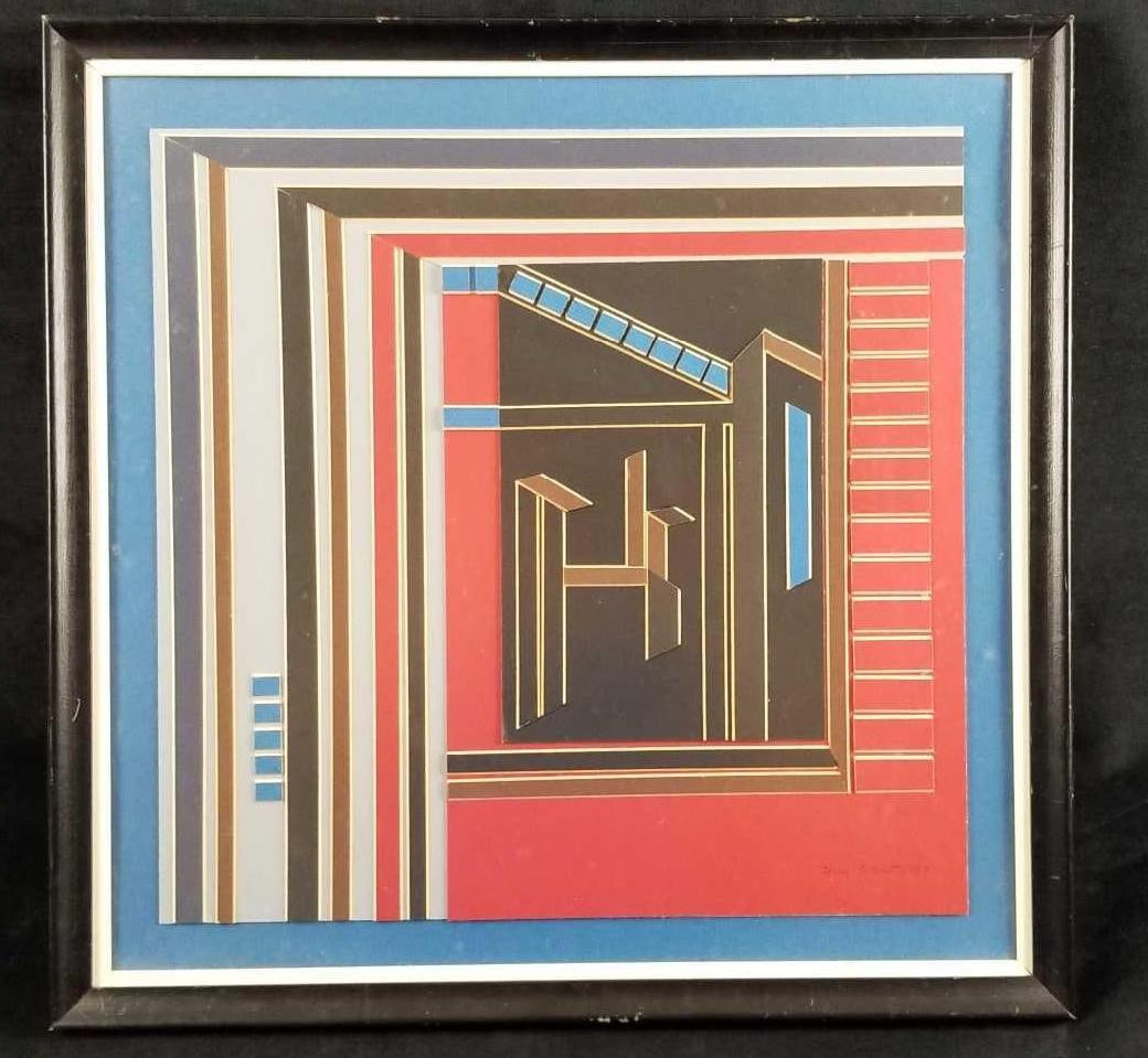Guy R Watson Matboard Abstract: This abstract art was made with matboard by Guy R. Watson in 1980. It is framed behind glass. It has a black wood frame and wire setting ready to hang. It is in good used condition with some