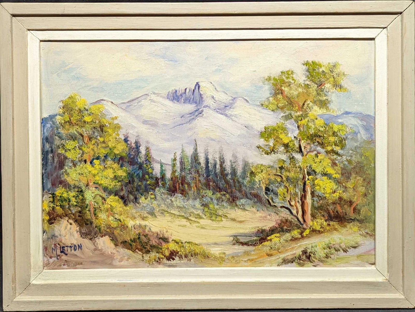 Marian Letton Mountain Oil On Board (F20): Marian Letton Mountain Oil On Board (F20). The framed original is approx 24" x 7/8" x 17 7/8" and it weighs 2.5 lbs. The panel is approx 20" x 16". The framed original is signed by the artist on