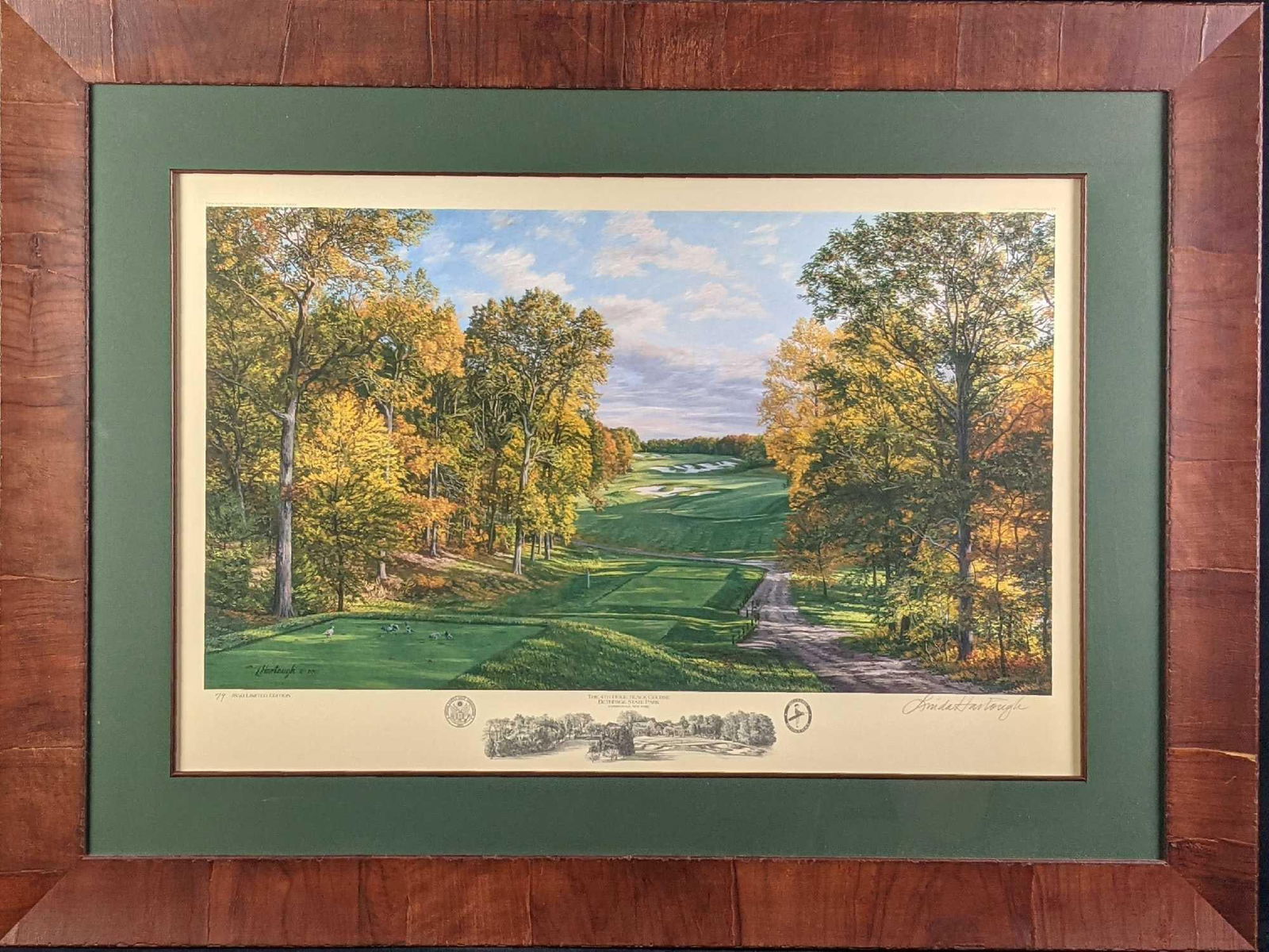 Framed Linda Hartough LE Litho 2002 US Open Championship: "The 4th Hole, The Black Course, Bethpage State Park, Farmingdale, New York". Lithograph Signed And Numbered By Linda Hartough. The print is number #79 out of #850. The framed print is approx