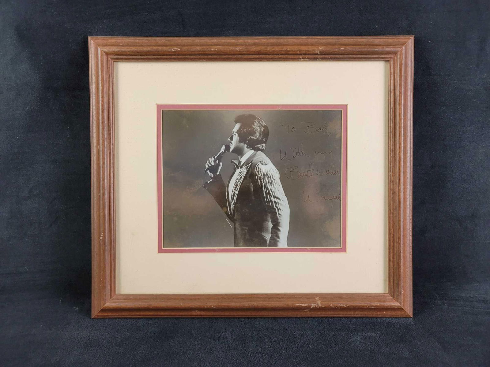 Wayne Newton Photo Personalized: Photograph framed of Wayne Newton, personalized "To Bob, With My Best Wishes Wayne" NO COA. Matted and ready to hang. Approx. measures 16" x 3/4" x 14" weight 2.3 lbs