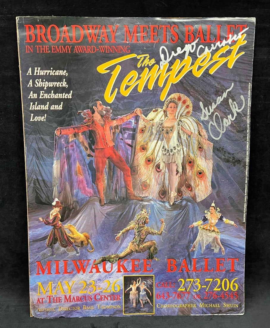 Signed The Tempest Milwaukee Ballet Poster Susan Clark & Diego Carrasco: This lot contains a Signed The Tempest Milwaukee Ballet Poster Susan Clark & Diego Carrasco. It is approx 24 1/4" x 18 1/4" and it weighs about 0.07lbs. Overall the Poster is in good used conditi