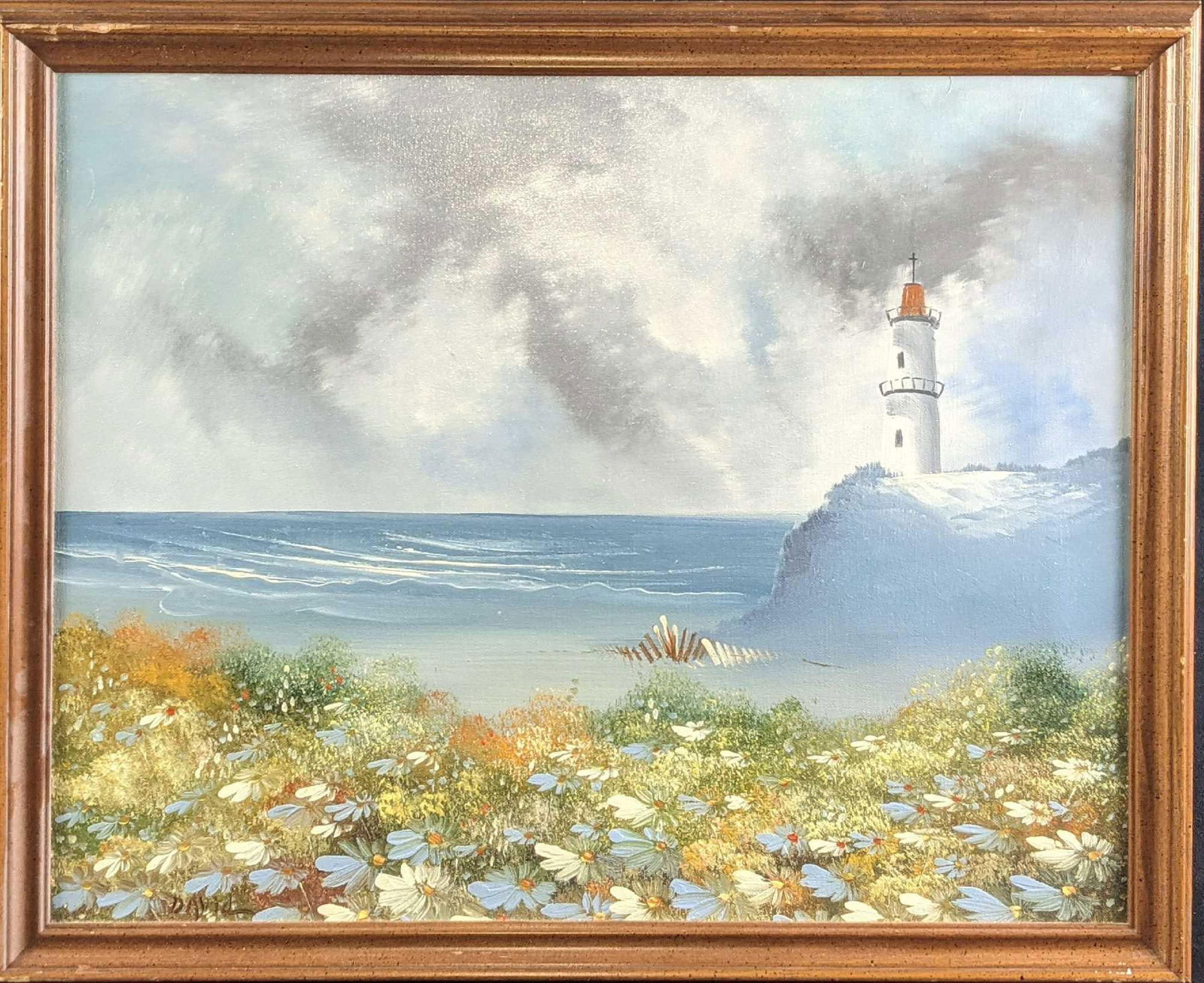 Original Framed Oil On Canvas Lighthouse: Original Framed Oil On Canvas Lighthouse. Is signed by the artist on the bottom left. Is approx 22" x 2" x 18" and weighs 2.5lbs. The framed original is in a good, vintage condition with some wea