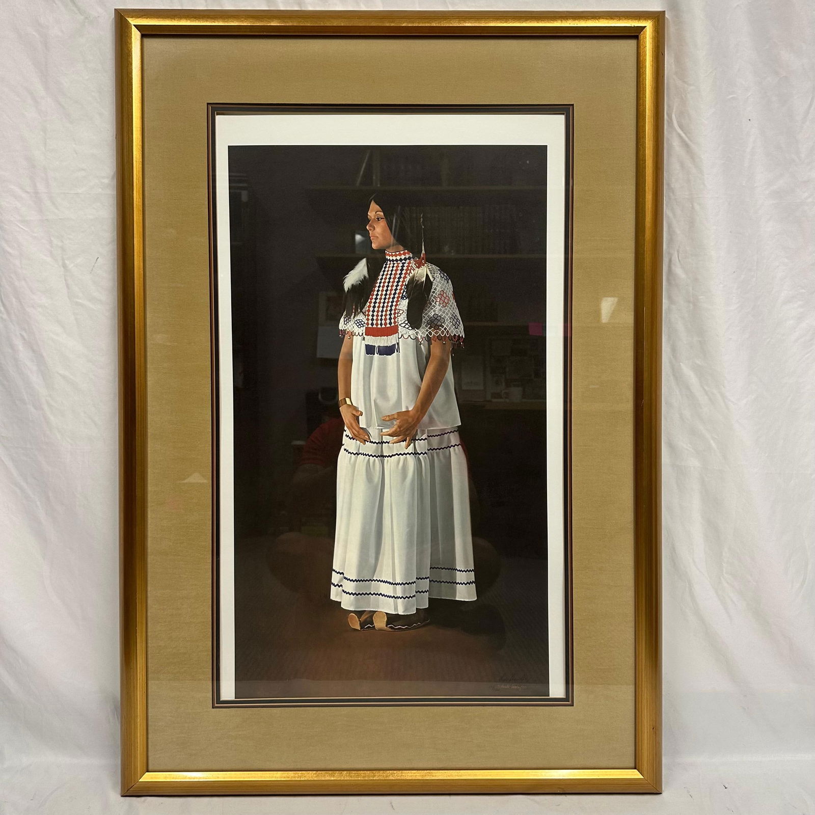 Donald V. Crowley Limited Edition Lithograph White Dress Signed and Numbered Greenwich Workshop: Limited edition lithograph titled White Dress by renowned Western artist Donald V. Crowley, American, 1926-2022. This striking piece depicts a poised Native American woman standing gracefully in a