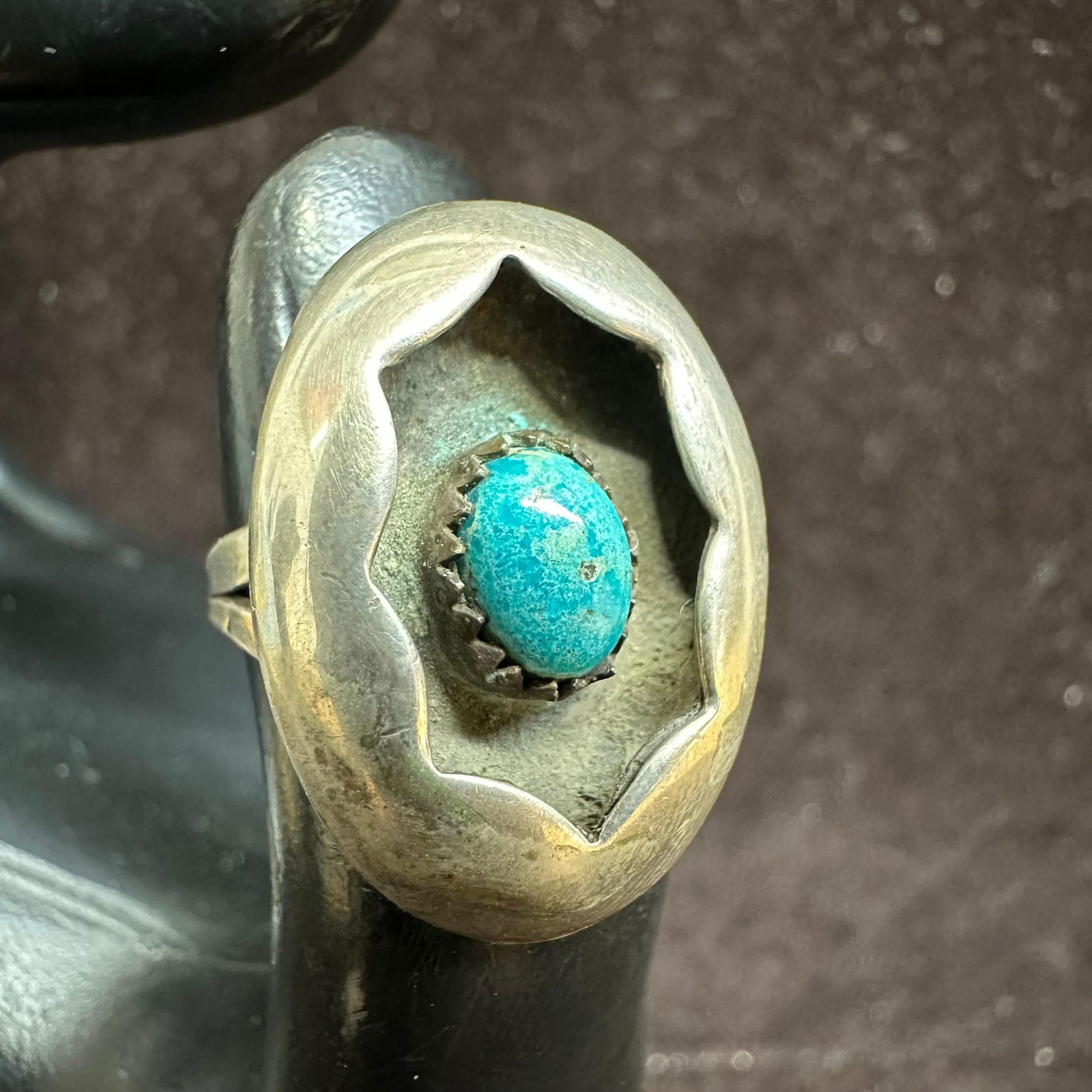 Shadow Box Turquoise Single Cabochon Silver Ring - 10