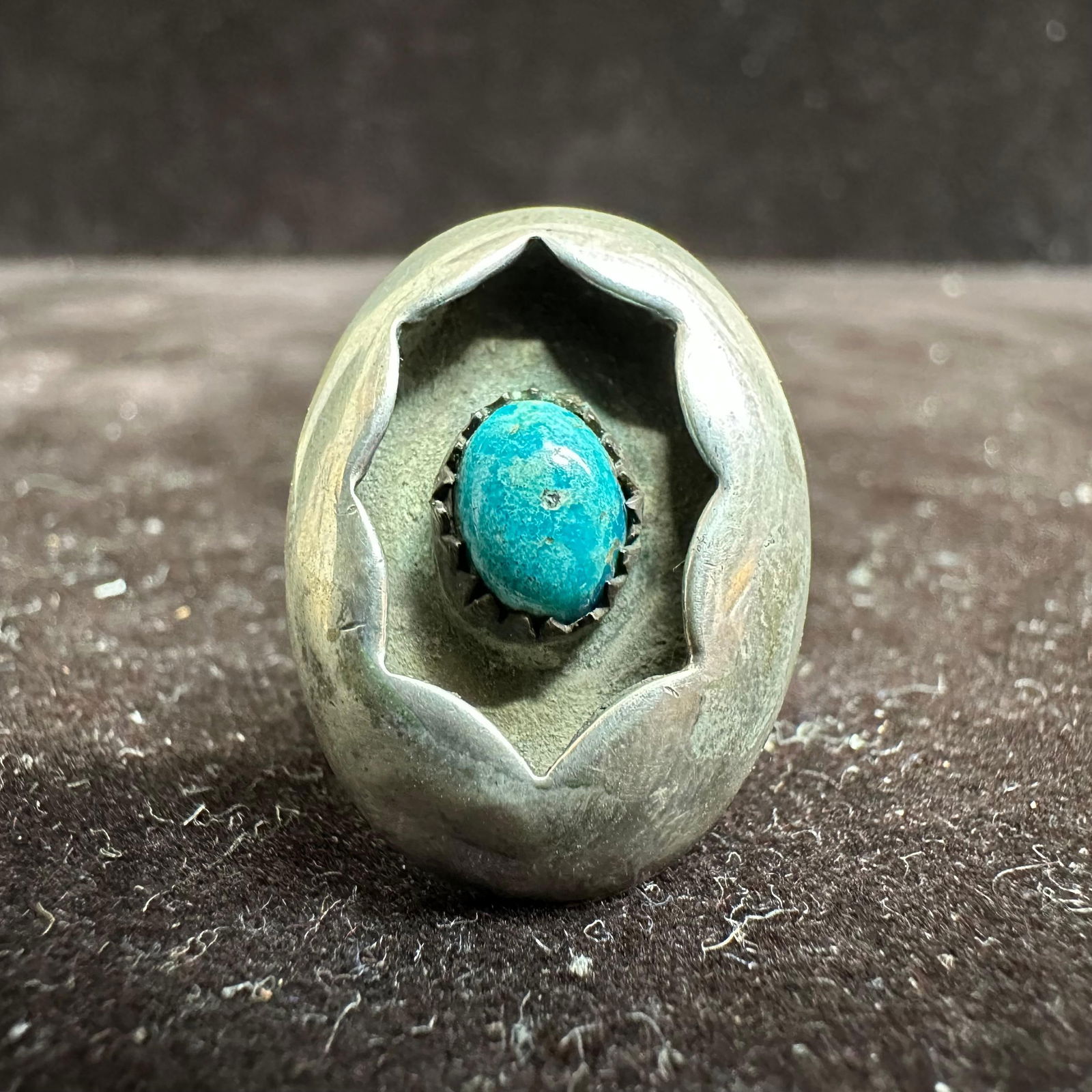 Shadow Box Turquoise Single Cabochon Silver Ring - 6