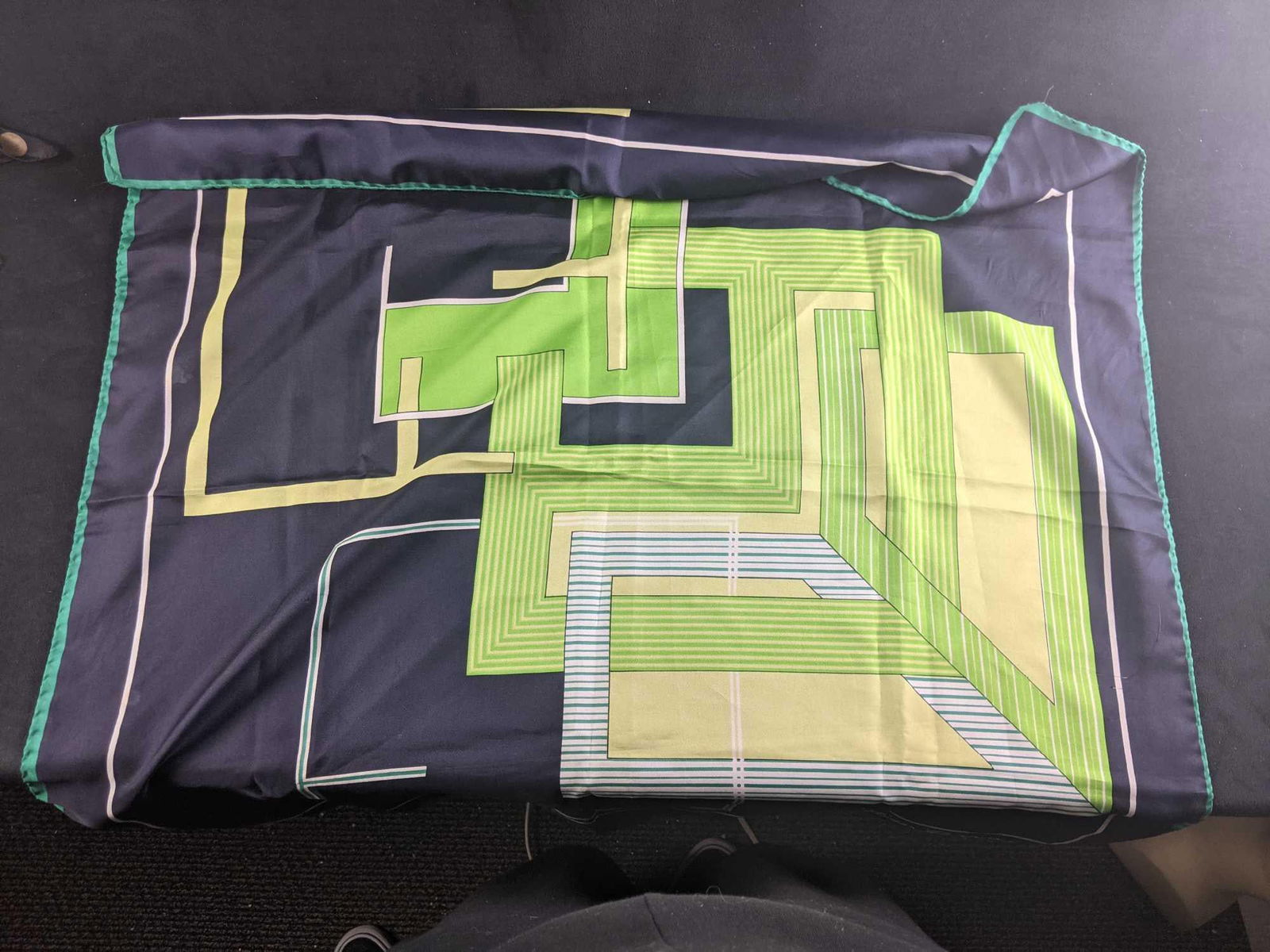 Gim Renoir Scarf Mid Century Geometric Design: Gim Renoir Scarf Mid Century Geometric Design This lot actually comes with two scarfs, one Gim Renoir scarf, and one unbranded silk scarf. Both have interesting designs and are vintage. These scarves