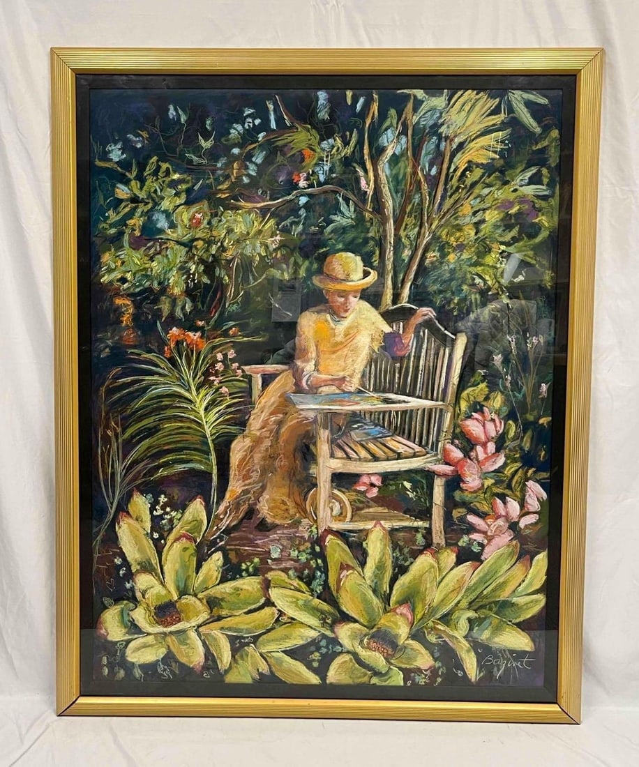 Framed Original Oil Pastel "The Watercolorist" By Jane Bazinet (American, 20th century): This lot contains a Framed Original Oil Pastel "The Watercolorist" By Jane Bazinet (American, 20th century). The frame is approx 56 1/2" x 45". Total weight is 22lbs. Bazinet began painting in