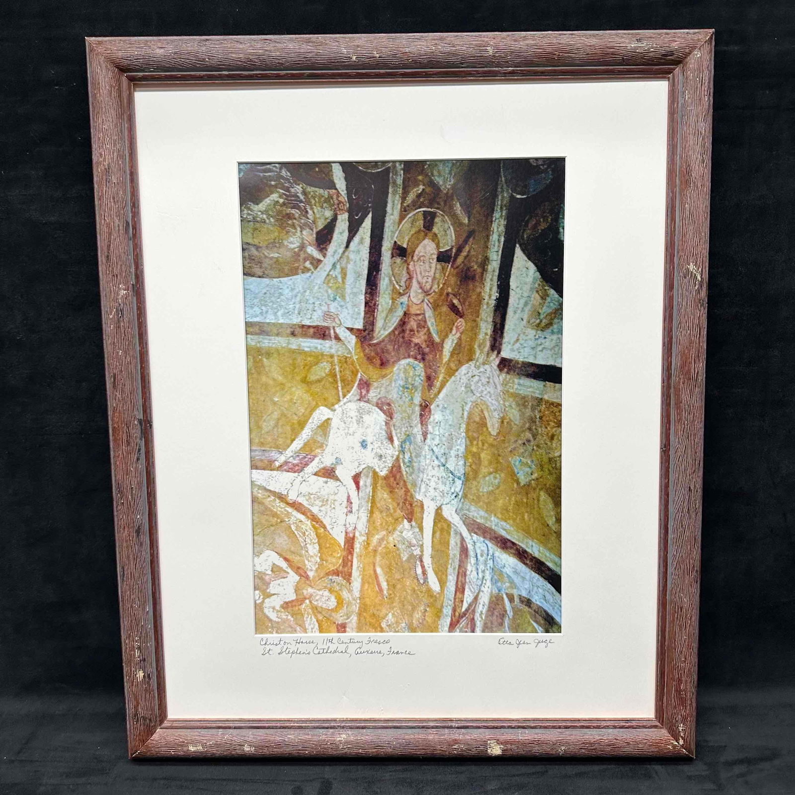 Framed Etta Jean Juge Christ On Horse Photo: Framed Etta Jean Juge's "Christ On Horse" Photo. The framed photo is approx 18" x 1" x 22 1/2" and it weighs 4lbs. The photo/image is approx 9 1/2" x 14 1/2". The