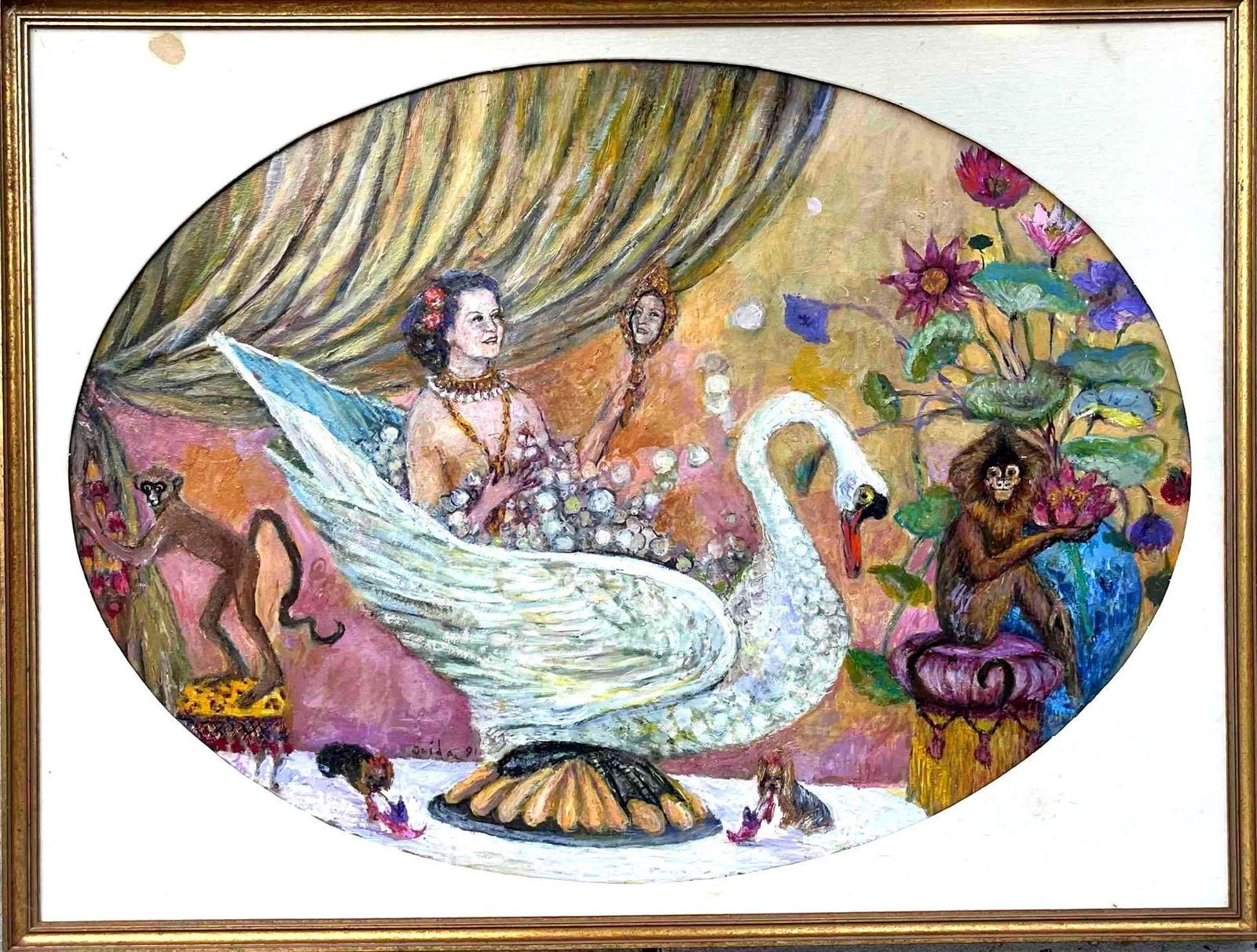 Original Oil Fantasy Painting by Onida Signed: Original Oil Fantasy Painting by Onida Signed This is a framed original oil painting of a fantasy land with a woman bathing in a swan tub with her pets all around her. This piece is in fair