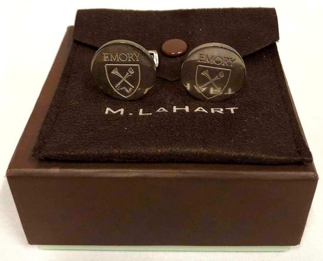 M. Lahart & Co. Sterling Silver Cuff Links Emory University Emblem: This lot contains a pair of M. Lahart & Co. Sterling Silver Cuff Links Emory University Emblem. The cuff links come with their original bag and box. The box is approx 3 1/4" x 3 1/4" x 1 1/2"