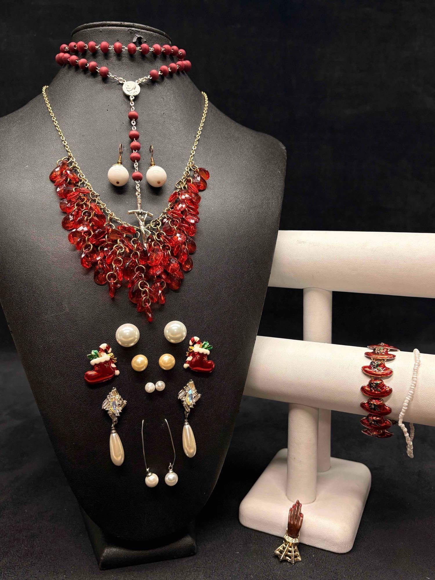 12pc Crimson and Pearls Yuletide Opulence Mixed Costume Jewelry Lot (1 of 14)