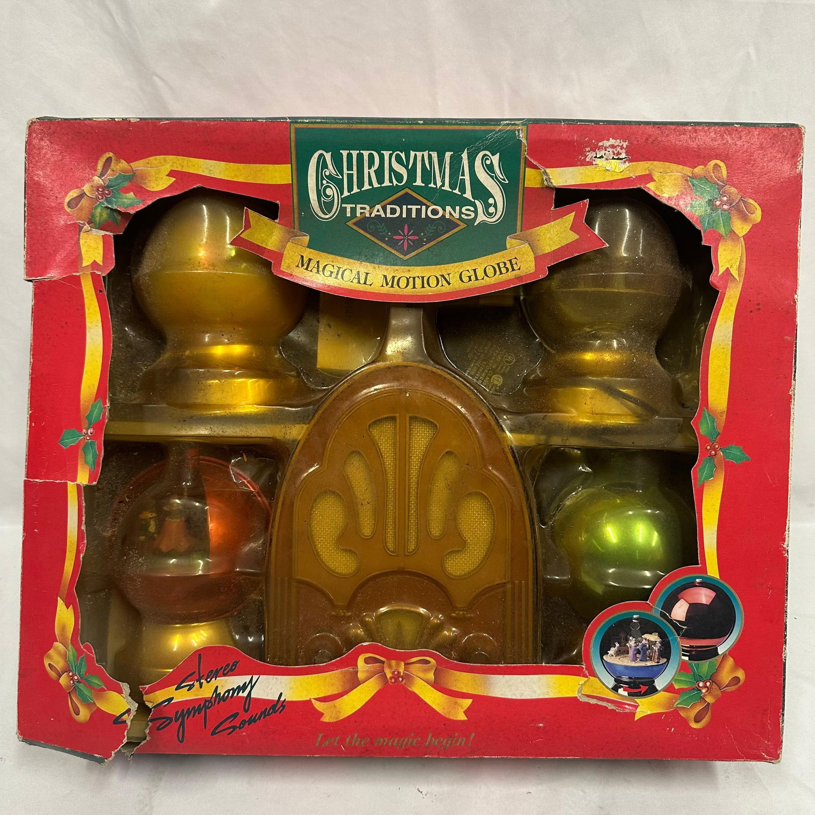 Christmas Traditions Magical Motion Globe Animated Holiday Collectible: Christmas Traditions Magical Motion Globe holiday decoration set with four illuminated motion globes and a central radio-style control base. The set features colorful ornament-style globes with miniat