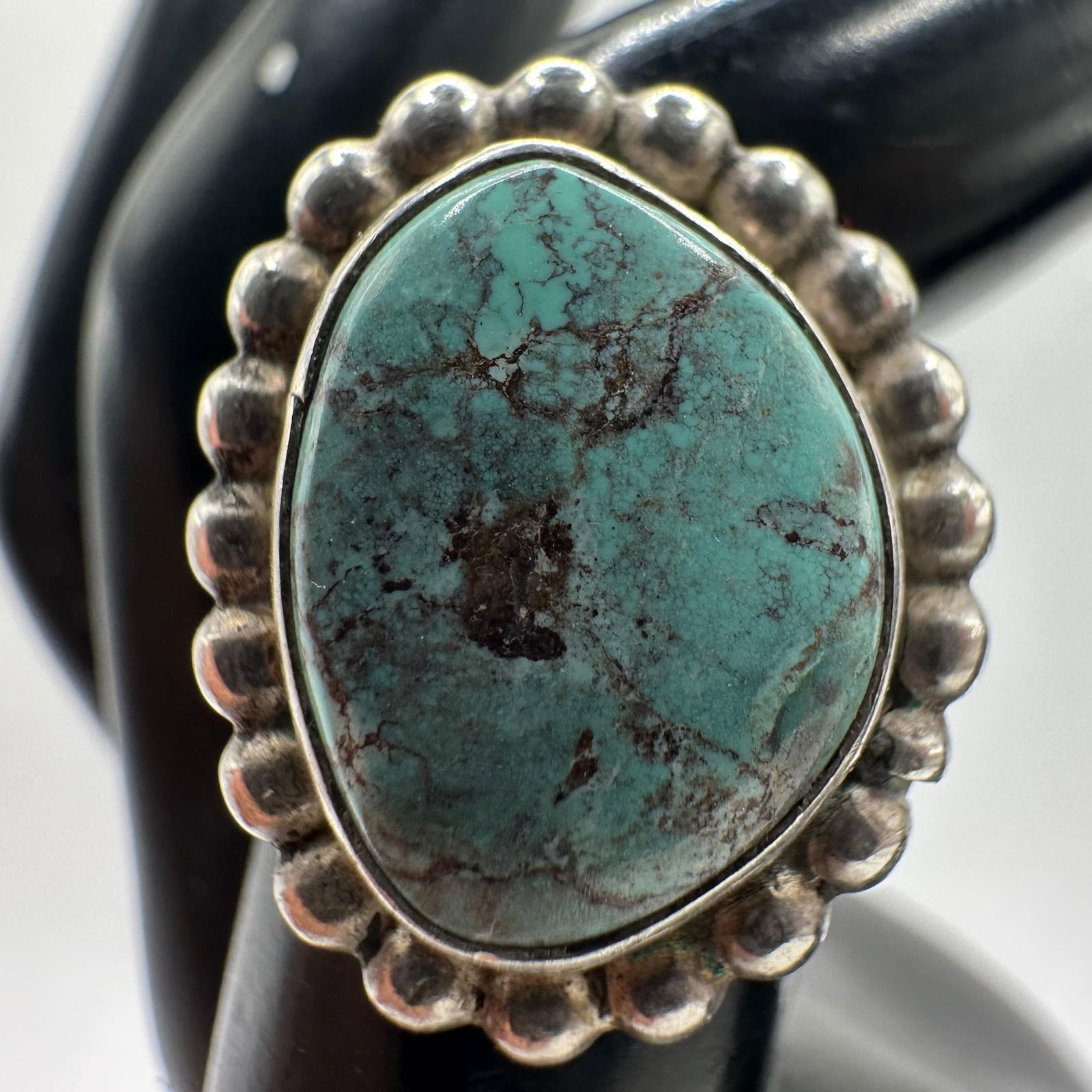 Beaded Border Bezel Turquoise Silver Ring Rain Drop Design Style - 2