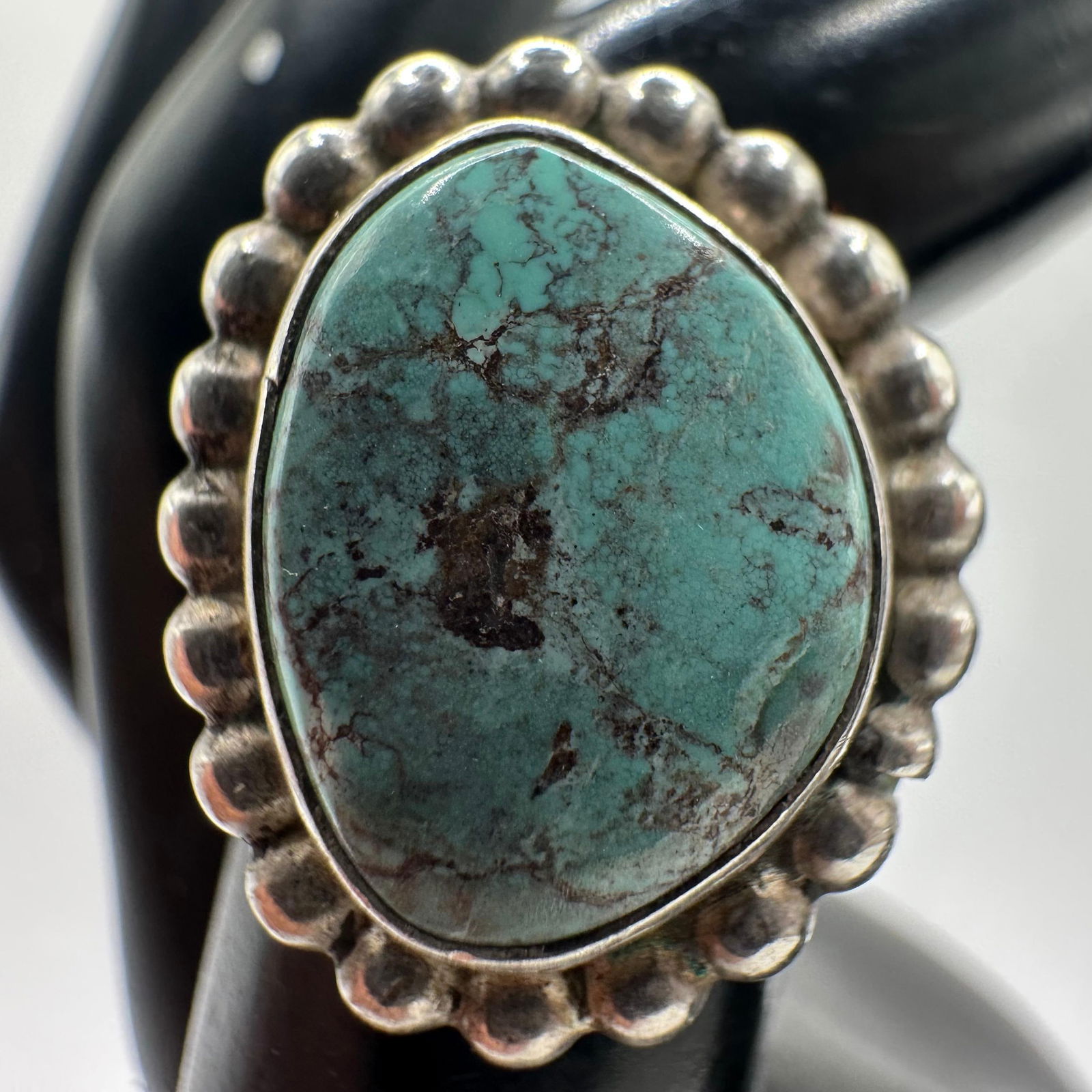 Beaded Border Bezel Turquoise Silver Ring Rain Drop Design Style - 3