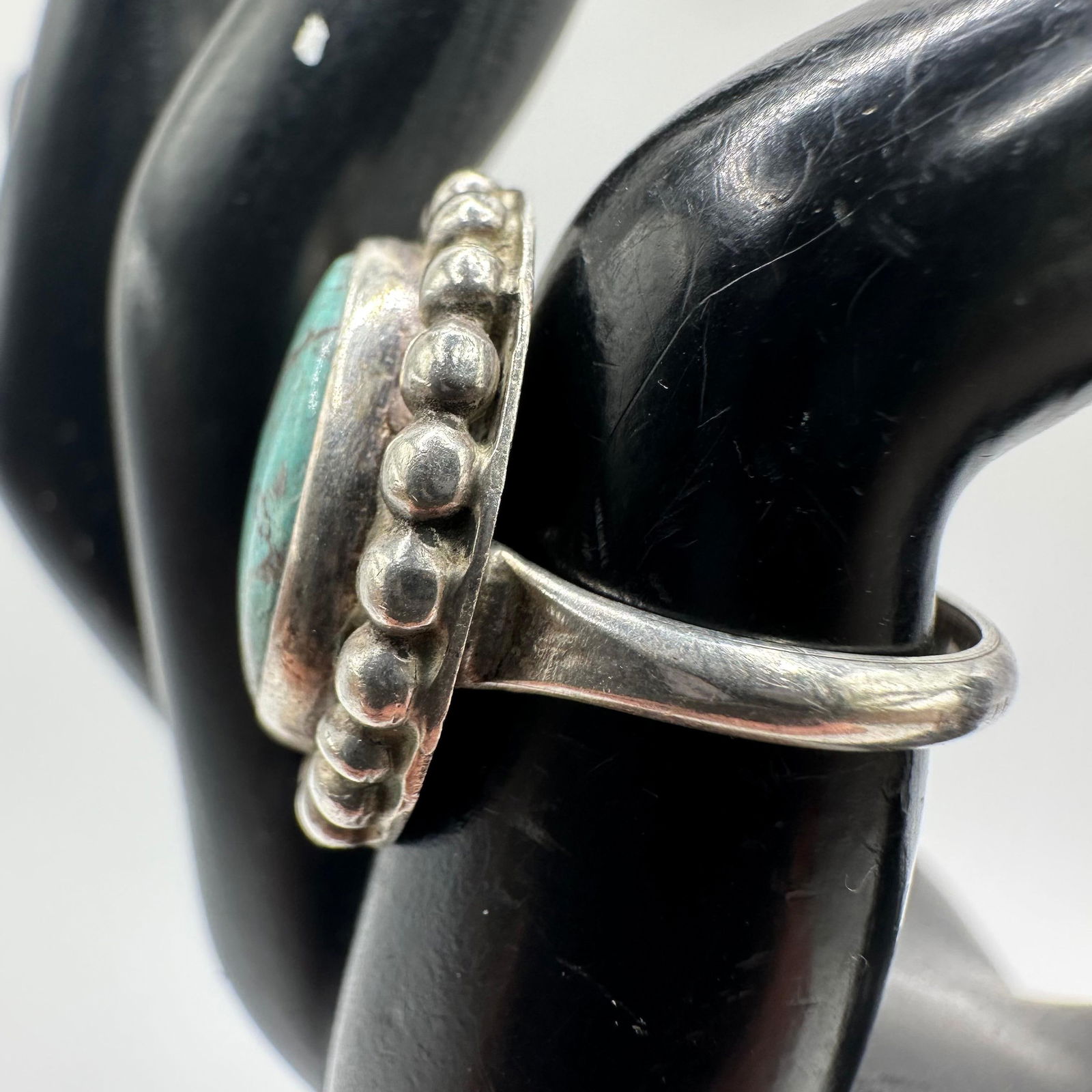 Beaded Border Bezel Turquoise Silver Ring Rain Drop Design Style - 5