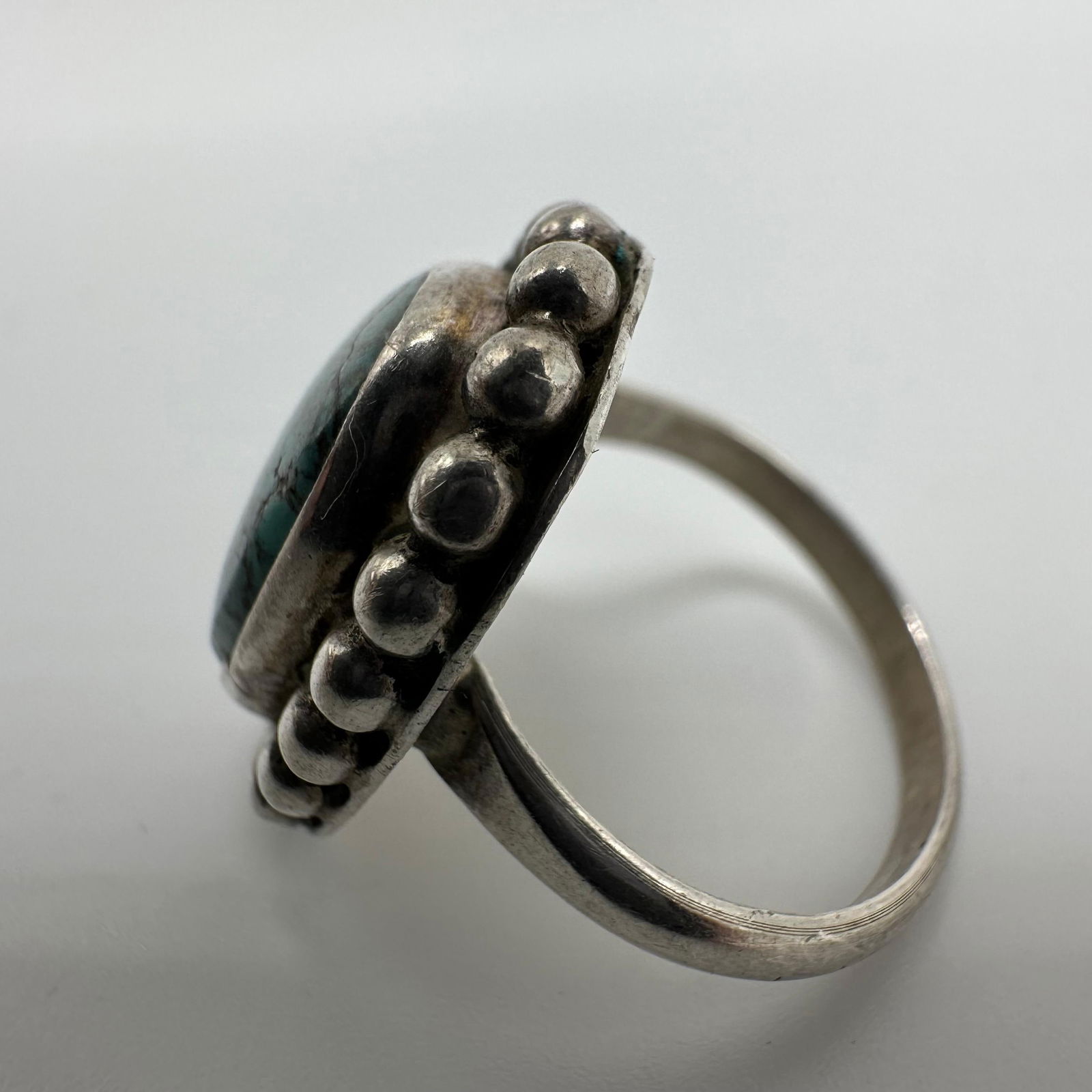 Beaded Border Bezel Turquoise Silver Ring Rain Drop Design Style - 8