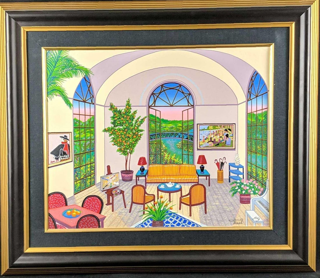 Fanch Interior W Seurat Embellished Serigraph W3: Framed Fanch "Interior With Seurat" embellished Serigraph print. Is a limited edition (#119 out of #150). Serigraph was signed by the artist on the front and numbered on the back. The print wa