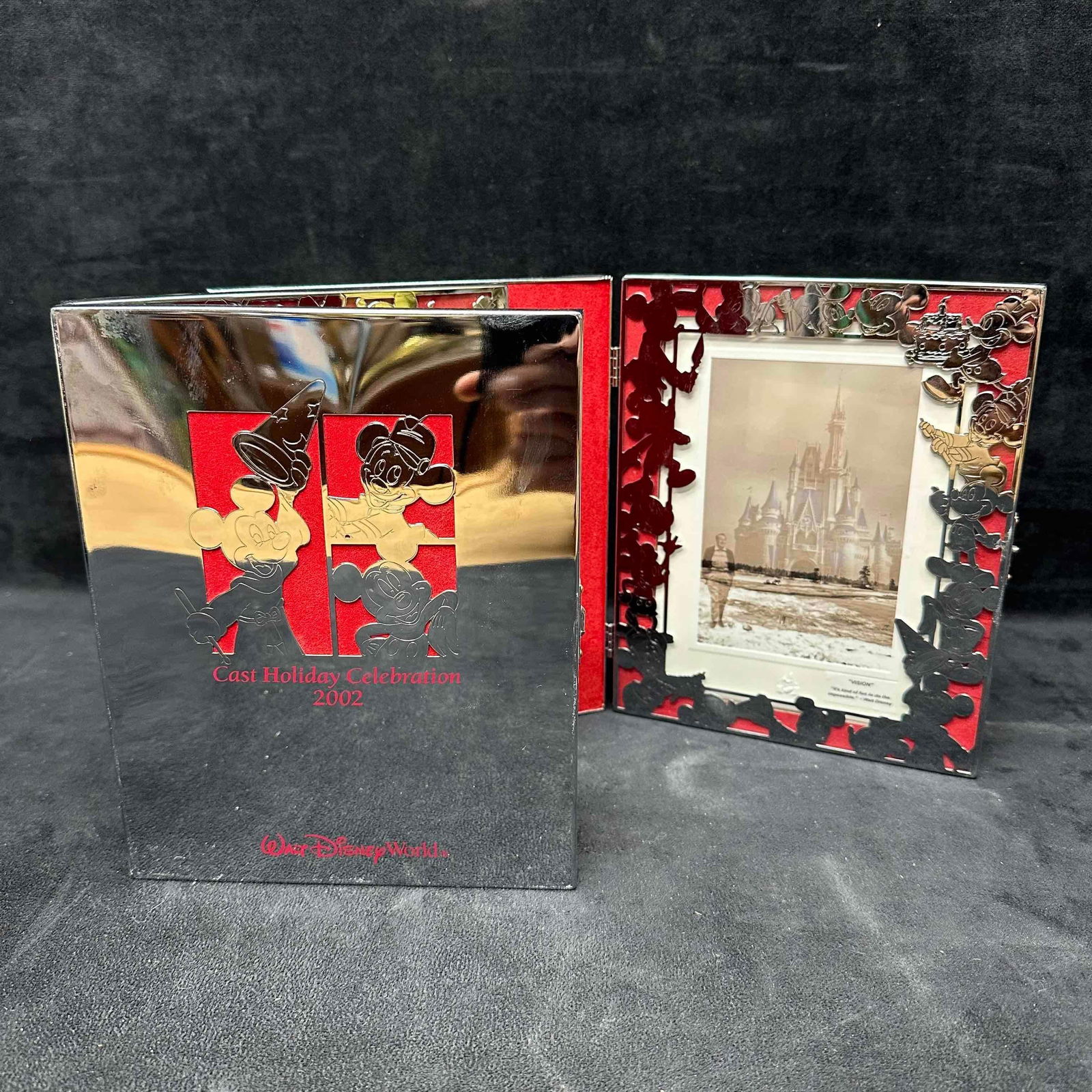 Walt Disney World Picture Frame 2002 Cast Holiday Celebration Set: Cast member exclusive photo frame set featuring Walt Disney and Mickey Mouse in a metal silver toned frame. These items are in good pre owned, previously displayed condition, light smudges on silver t