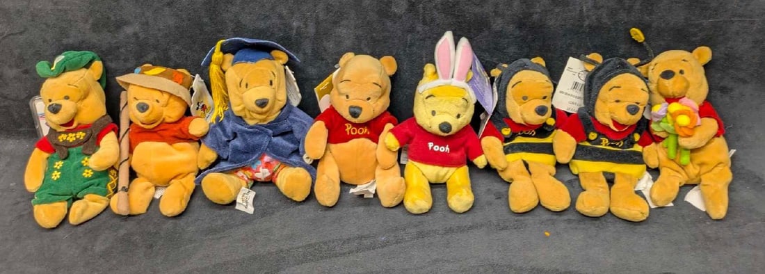 Disney Winnie The Pooh Bean Bag And Plush Dolls Lot Of 8: Disney Winnie The Pooh Bean Bag And Plush Dolls Lot Of 8. Please see the images for a listing of bean bag and plush dolls included in the lot. All come in a bag that is approx 15" x 13" x 4" and it we