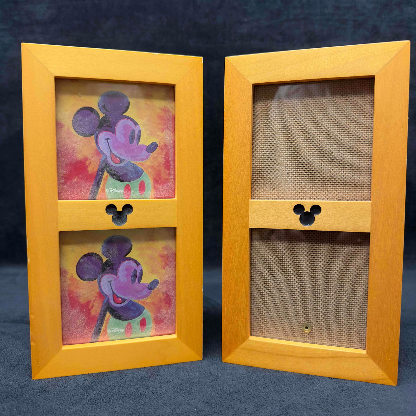 Disney Mickey Mouse Six Frame Walnut Wood Accordion Tri Fold Frame Set: Disney Mickey Mouse Six Frame Walnut Accordion Tri Fold Frame Set. These frames have six Photo size areas 3" x 3” for pictures. These items are in good pre-owned, previously displayed condit