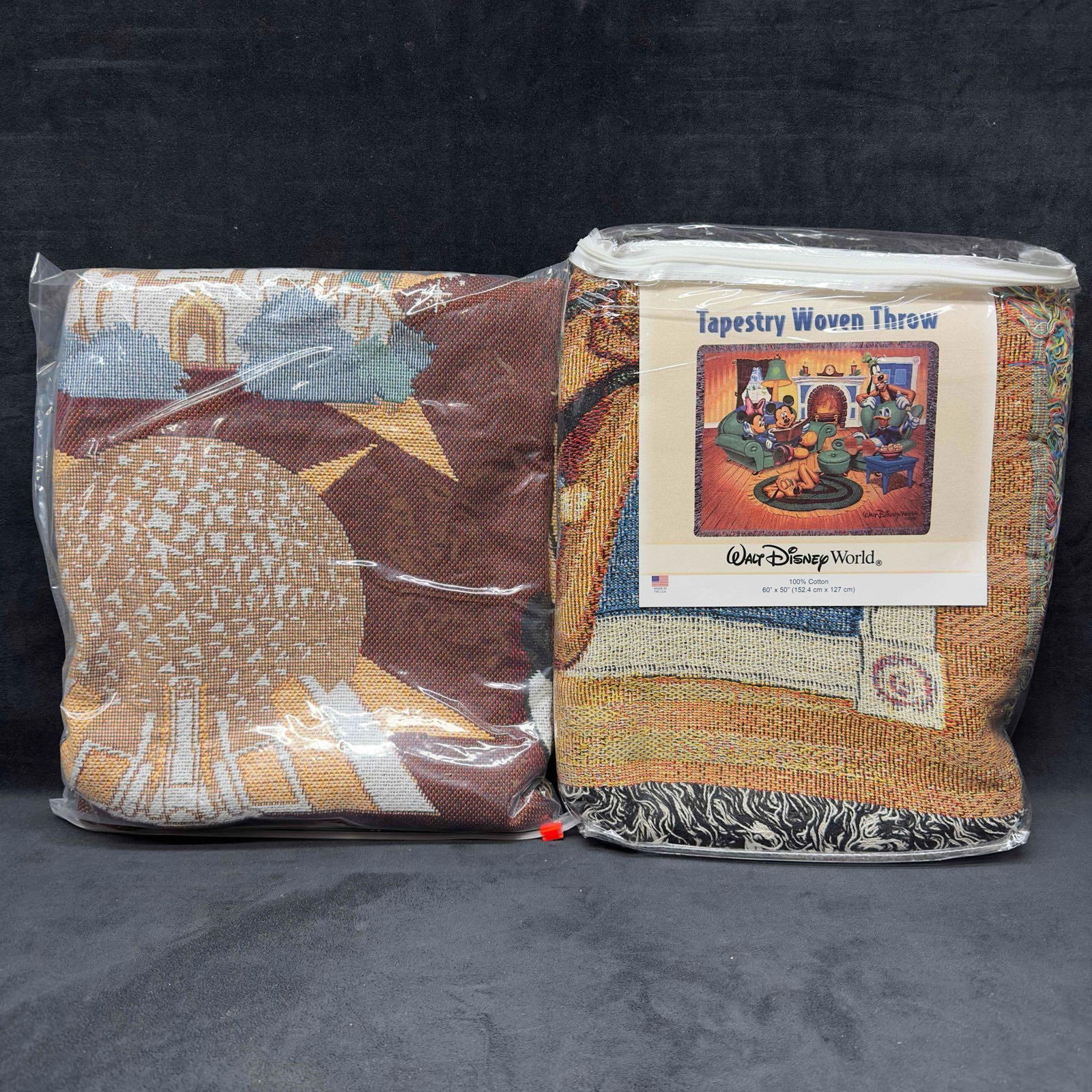 Walt Disney World Tapestry Woven Throw Blanket Mickey Minnie Mouse Fireplace Four Parks Set: Walt Disney World Tapestry Woven Throw Blanket Mickey Minnie Mouse Fireplace Four Parks Set. The Walt Disney World Fireplace throw blanket 60" x 50" features Mickey, Minnie, Goofy, Donald
