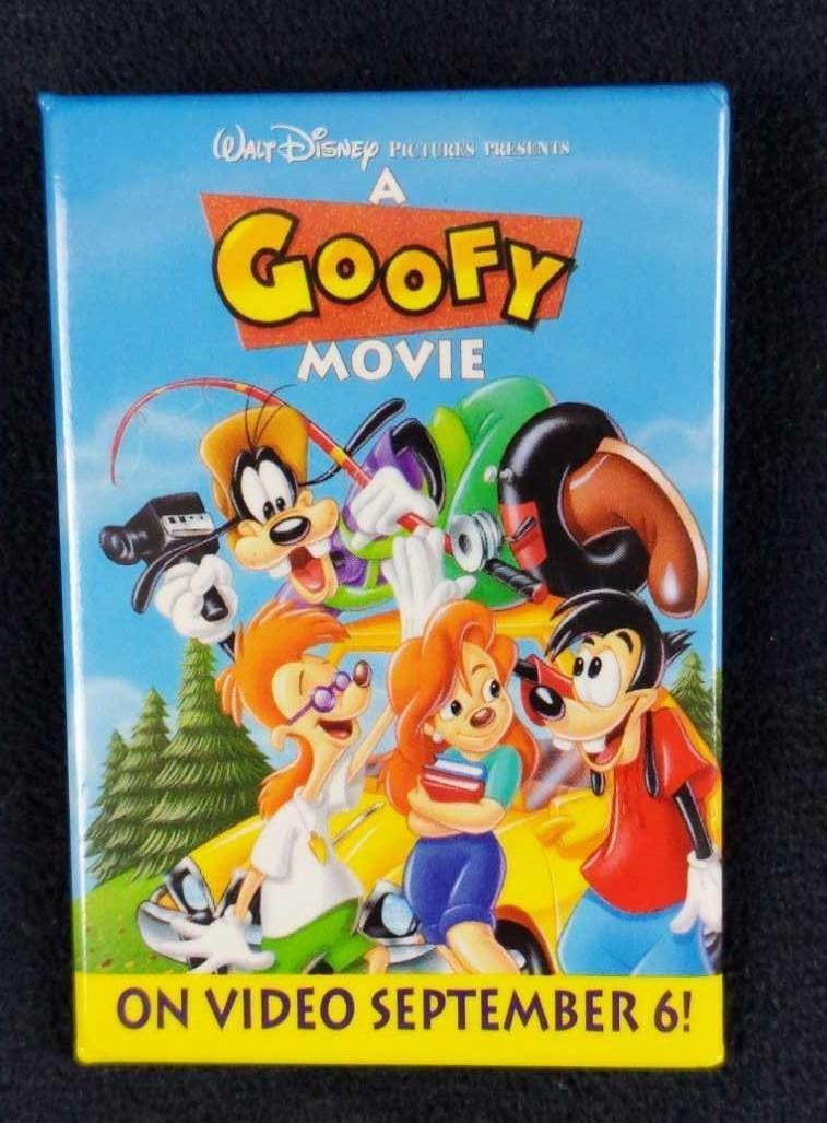 Disney A Goofy Movie Goof Troop Button: Disney's A Goofy Movie Goof Troop Button used to promote the upcoming video release. Is 2" x 3". Button is in good, used condition with minor rust on the back.