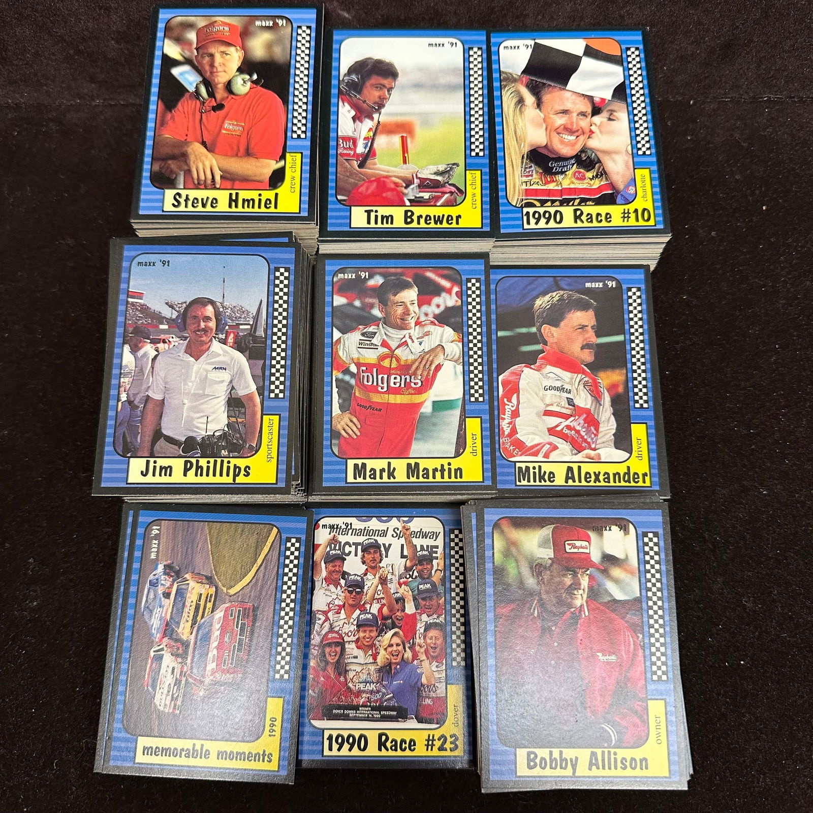 Maxx 91 NASCAR Racing Trading Cards Large Race Card Collection 700 Plus: Maxx 1991 NASCAR racing trading cards. Includes drivers, team members, owners, and sportscasters from the early 1990s NASCAR era. Cards are loose and not stored in sleeves or protective holders.