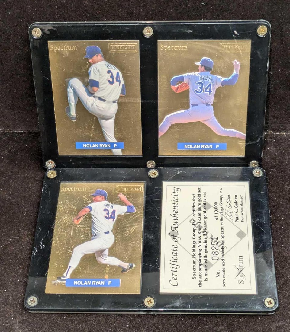 Nolan Ryan 23K Gold LE Baseball Card Set: Nolan Ryan 23K Gold LE Baseball Card Set. Gold plated cards come in a case and COA. This one is #8251 Out Of #10,000. Each case is approx 6 1/2" x 1/4"x 4 1/2" and the total weight is 0.56lb. The case
