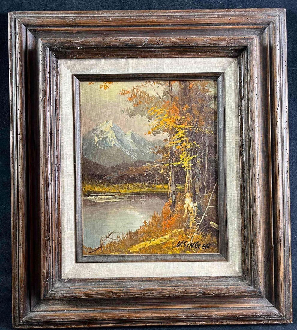 Oil Painting Mountain Signed by V. Singer: Oil Painting Mountain Signed by V. Singer Pictured is an oil painting on canvas of a wooded landscape by an artist singing the work ‘V. Singer’. This painting depicts a snow-capped mountain to the