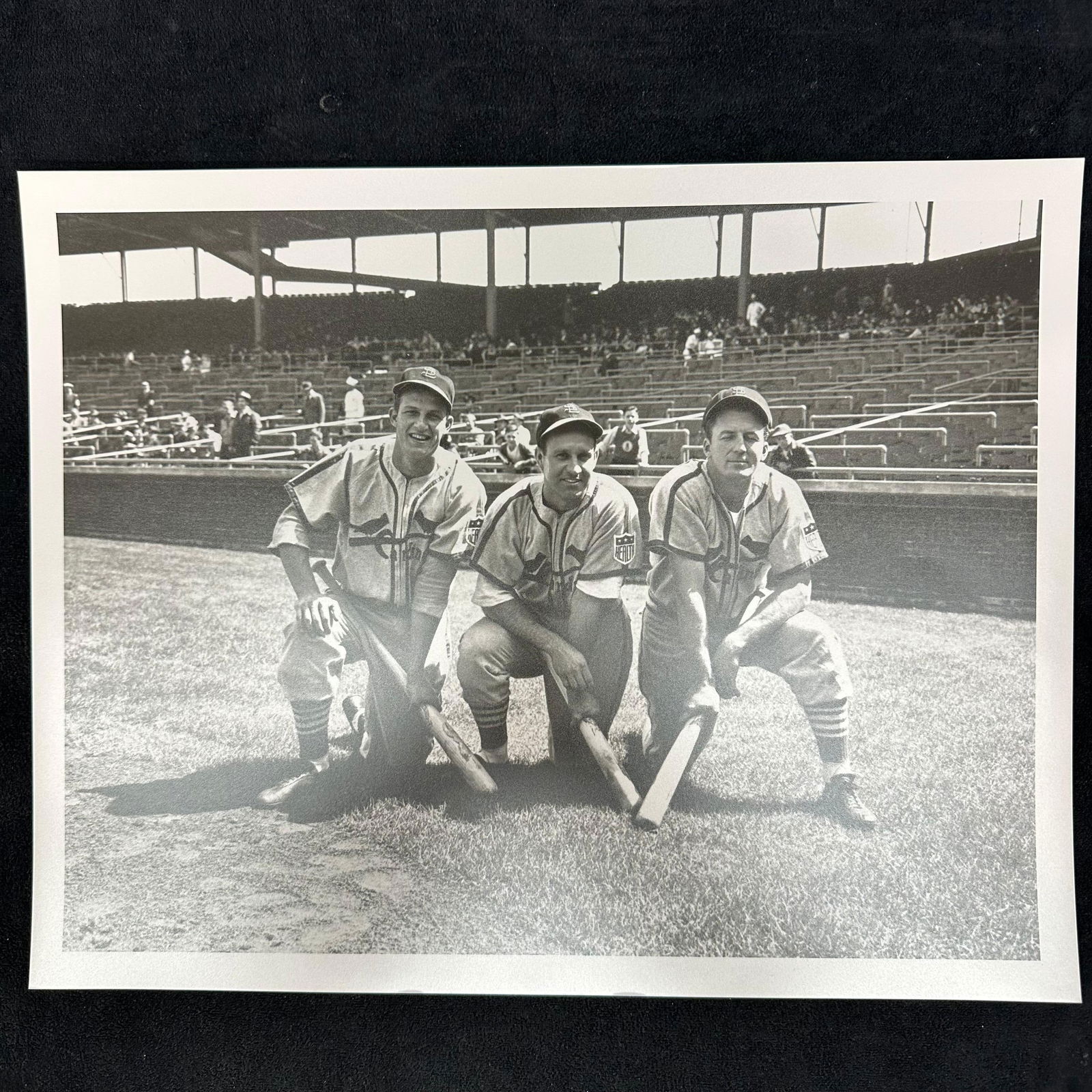 Baseball Analog Photo Print Stan Musial Enos Slaughter and Whitey Moore Cardinals: Black-and-white analog photo prints featuring the St. Louis Cardinals’ legendary hitters Stan Musial, Enos Slaughter, and Whitey Moore posed on the field. This item is in pre-owned, previously