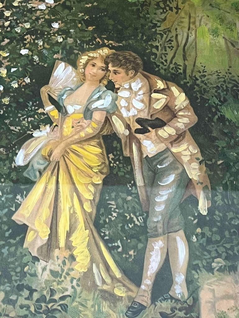 Vintage Framed Acrylic Painting in Shadow Box: Vintage Framed Acrylic Painting in Shadow Box. This acrylic painting of a Victorian man and woman is framed in a gold ornate frame and then placed inside a shadowbox with a glass cover. This item is