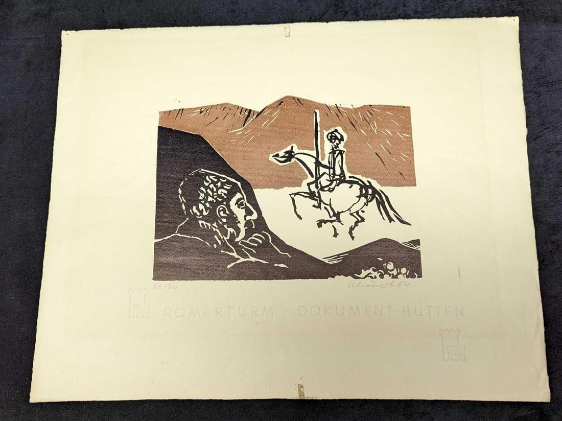 Vintage Man Watching Rider S&N Print: Vintage Man Watching Rider S&N Print. Was published by "Romerturm Dokument-Butten. This print was signed, dated, and numbered by the artist, but we could not make out the artist's name. This one is