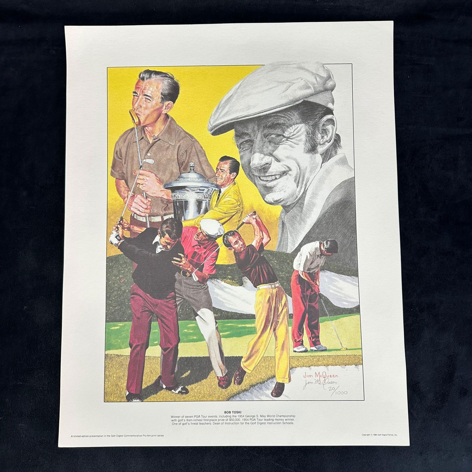 Jim McQueen Signed and Numbered Lithograph Bob Toski Golf Digest Commemorative Print #20: Limited edition lithograph by noted golf artist Jim McQueen, titled “Bob Toski”. This piece was issued in 1984 as part of the Golf Digest Commemorative Pro-Am Series. Hand-signed by the